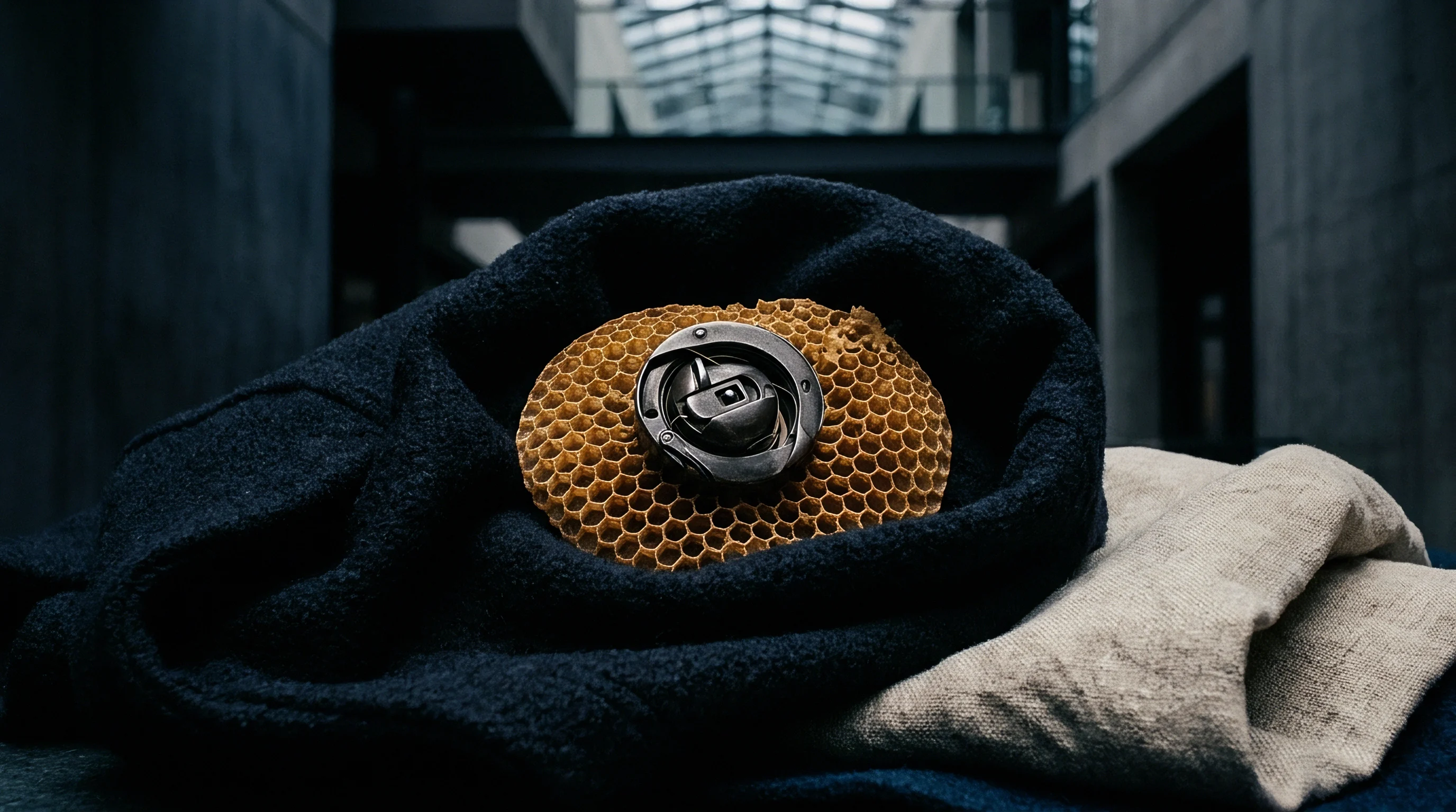 A metallic sewing machine bobbin case rests inside a cellular core structure, enveloped by heavy wool and woven linen within an industrial interior.