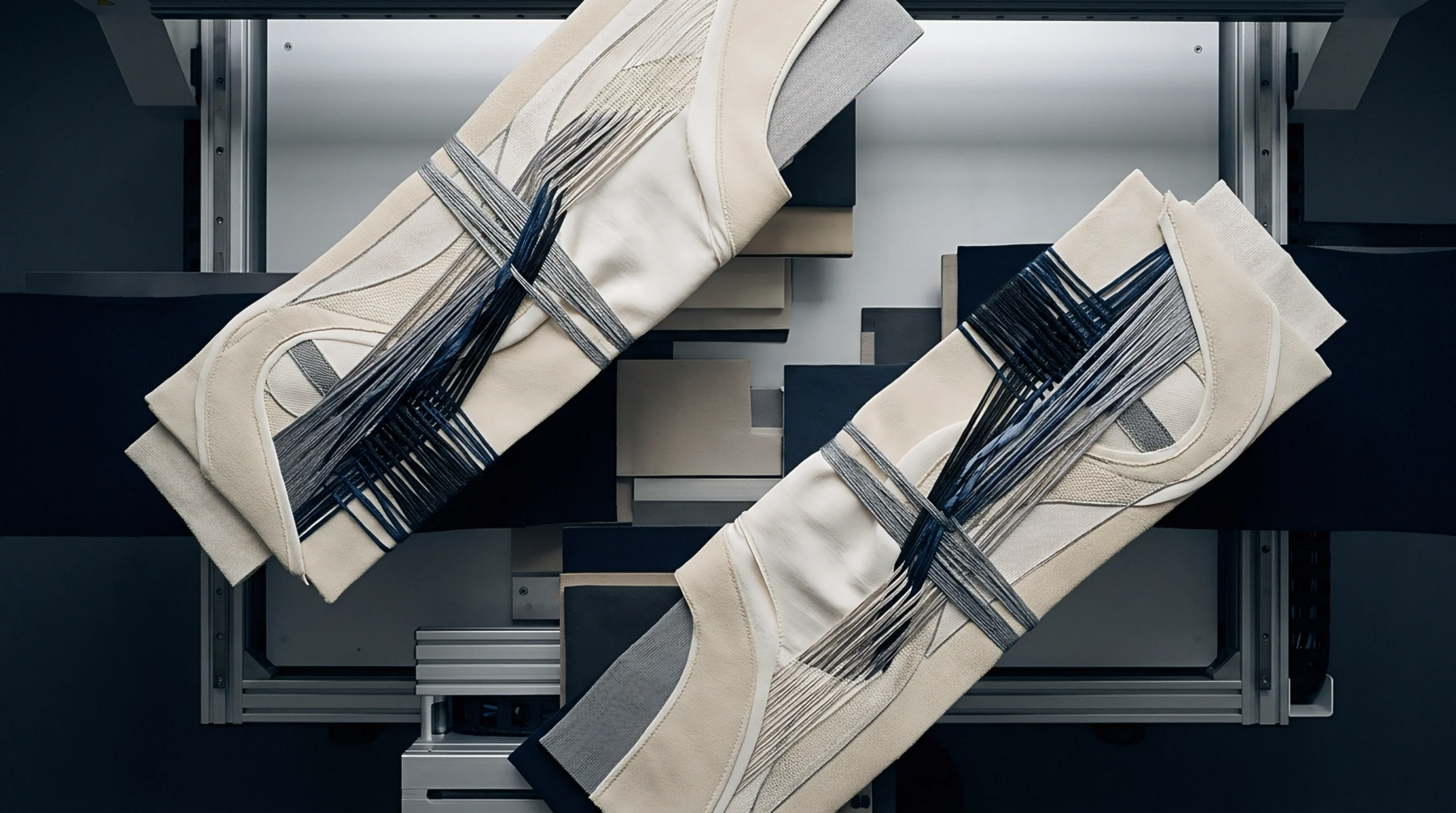 Layered technical fabric panels with routed yarn bundles rest diagonally across an automated industrial production table during precision garment manufacturing.