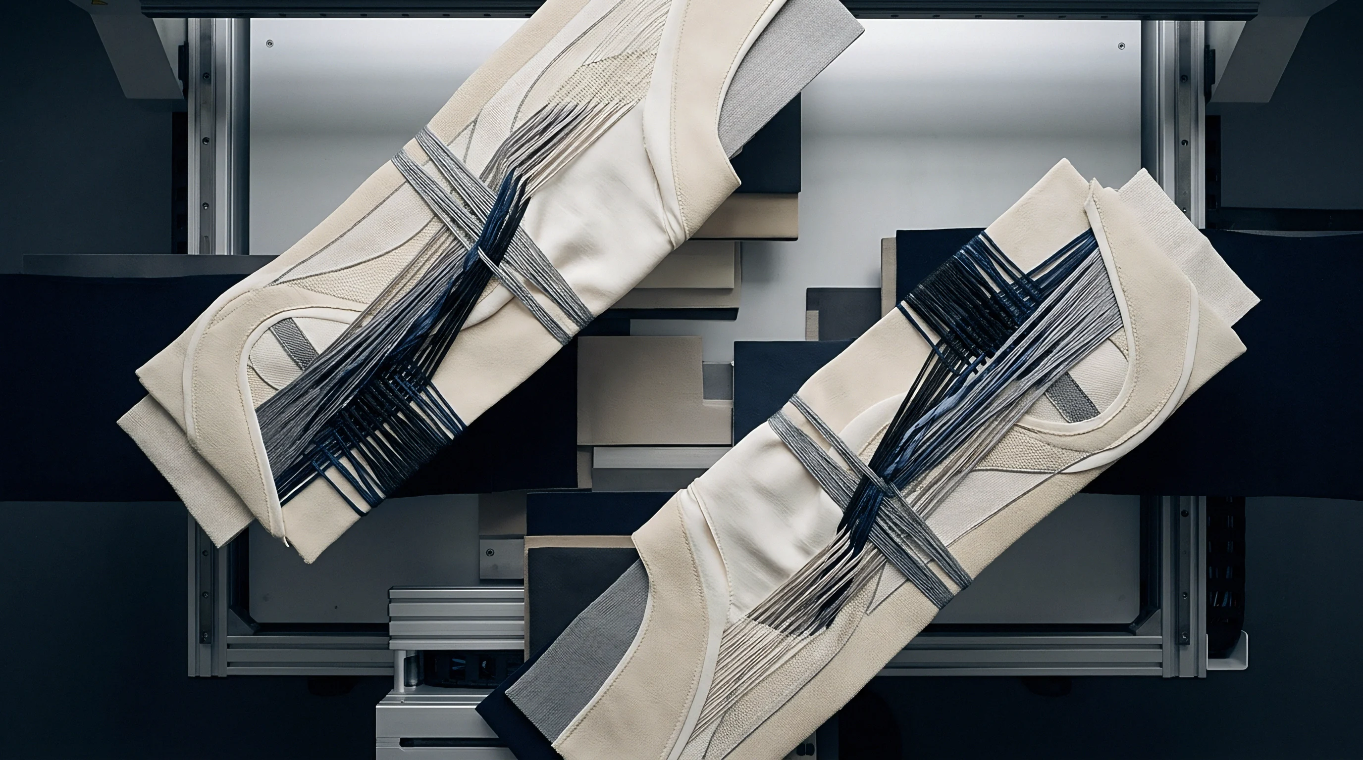 Layered technical fabric panels with routed yarn bundles rest diagonally across an automated industrial production table during precision garment manufacturing.