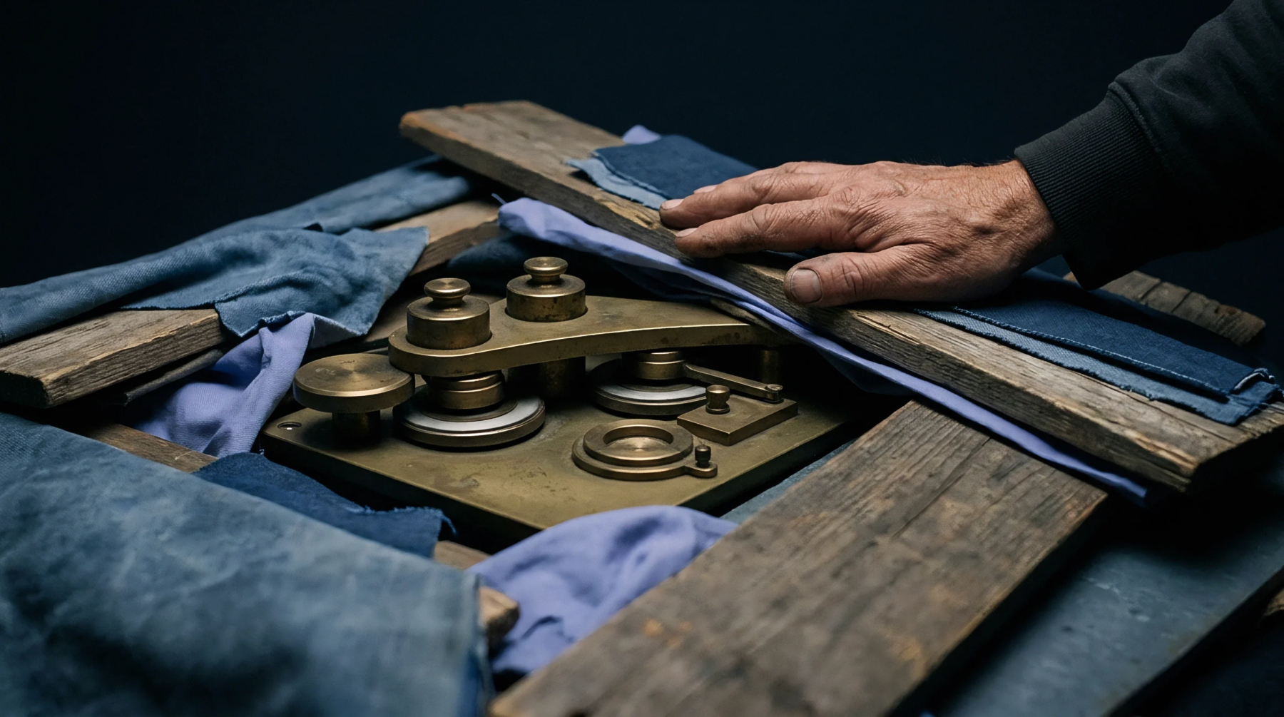 A human hand rests upon weathered timber planks covering a mechanical brass laboratory instrument positioned amidst blue indigo dyed textile samples.