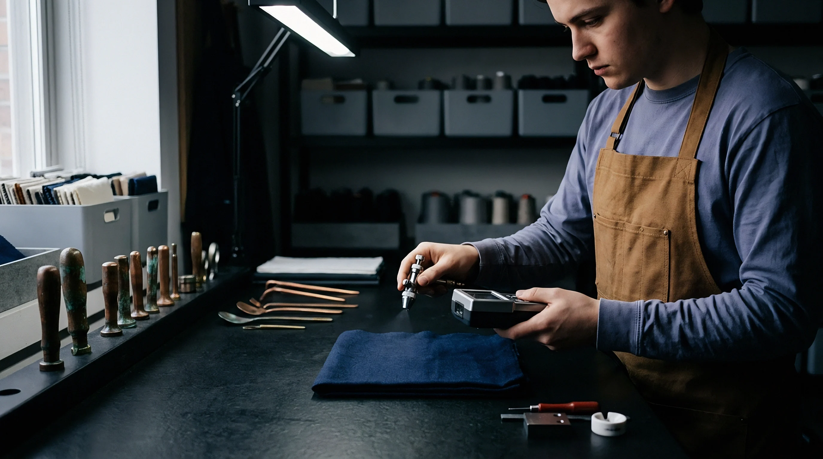 A technician uses a handheld spectrometer and spray tool to analyze and treat indigo dyed fabric at a workbench in a material testing laboratory.