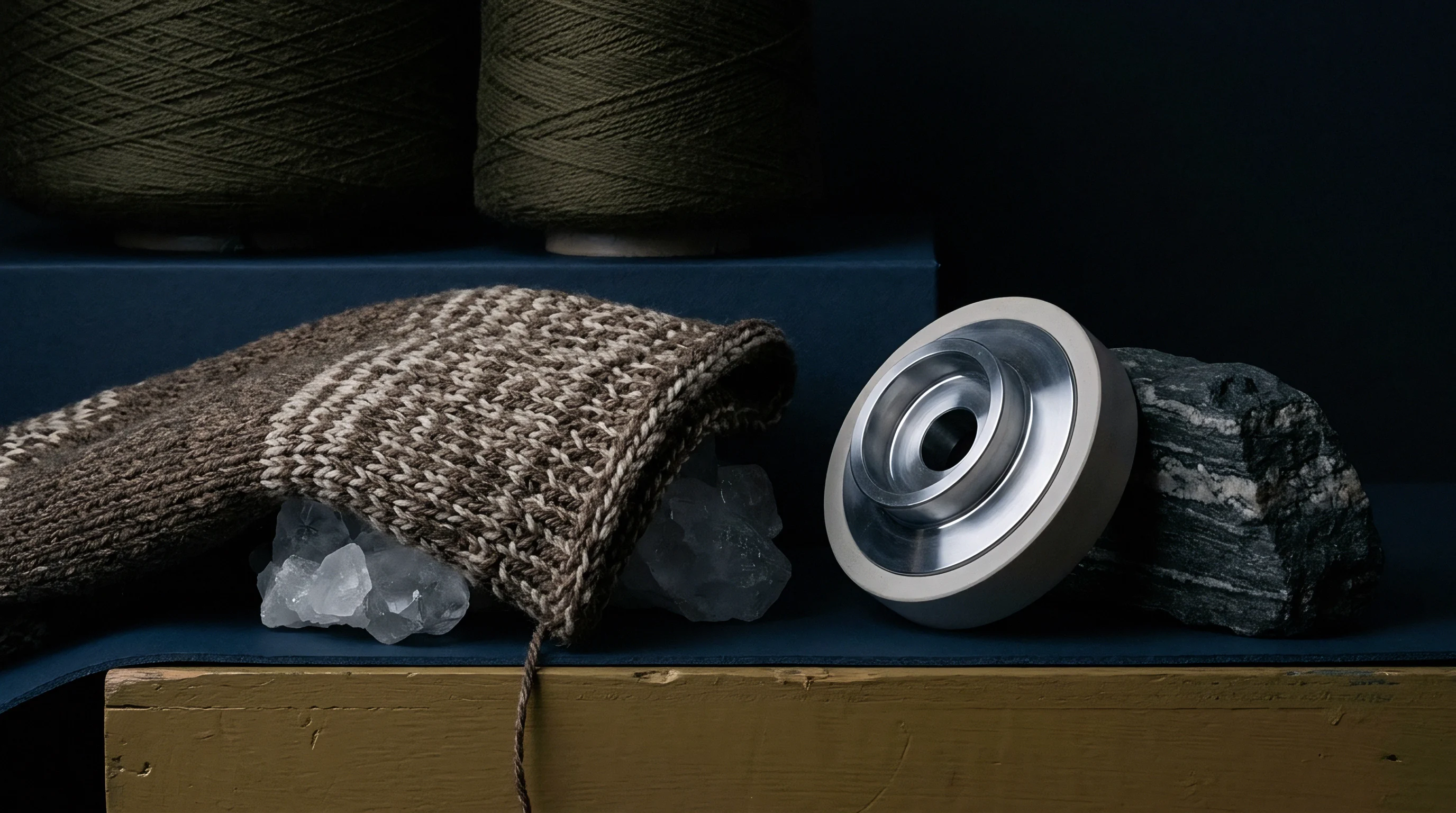 Two cones of olive green yarn sit above a patterned brown knit textile resting on quartz crystals beside a machined metal pulley.