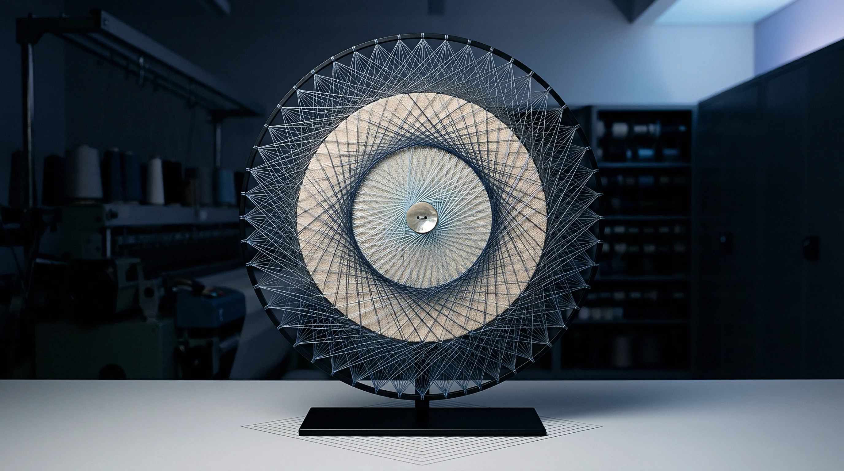 Blue and white threads stretch across a circular black frame in this production setting creating complex geometric patterns over a central button fastener.
