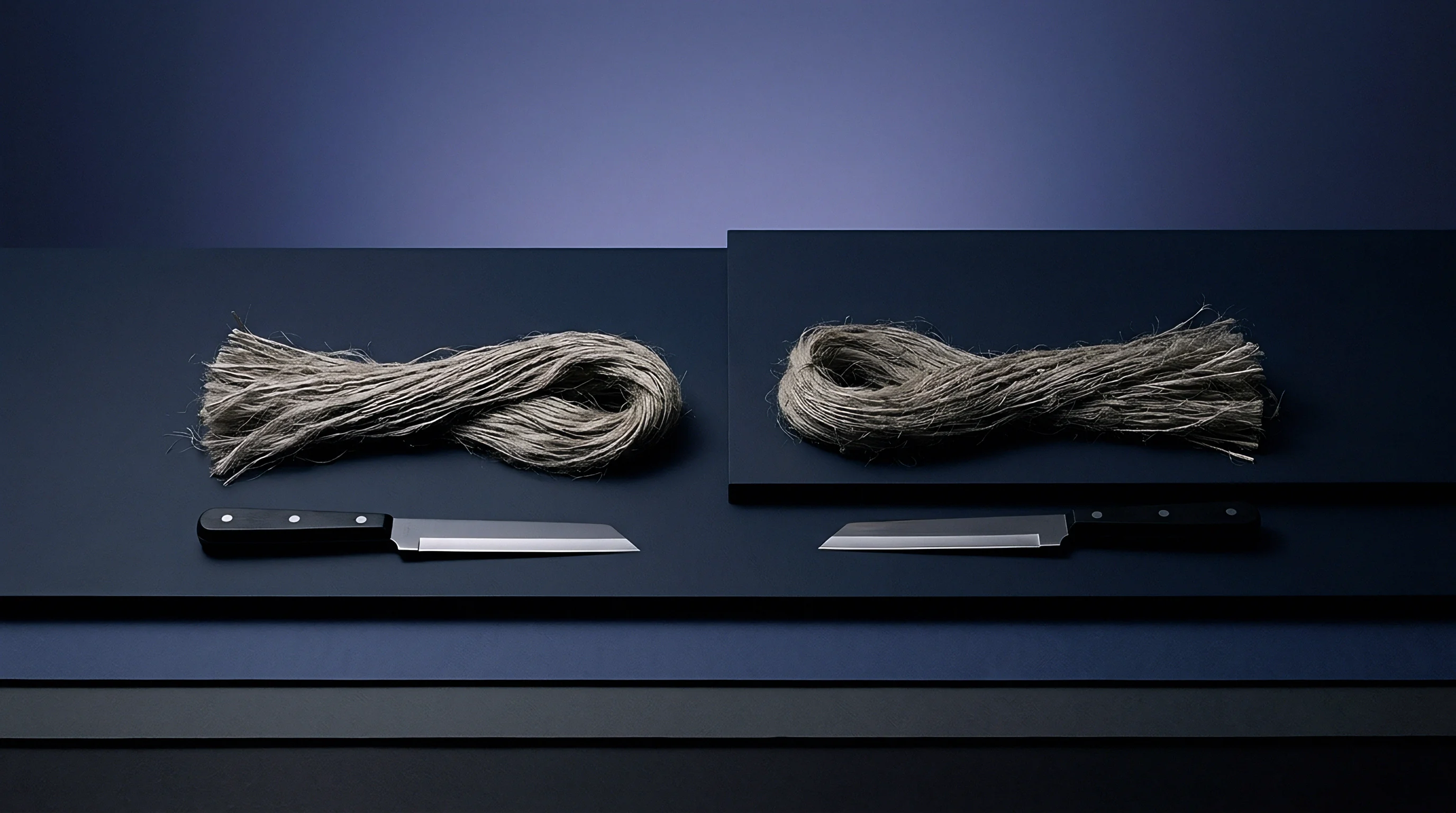 Two hanks of coarse bast fiber sit beside utility blades on layered dark surfaces prepared for raw material grading or length measurement.