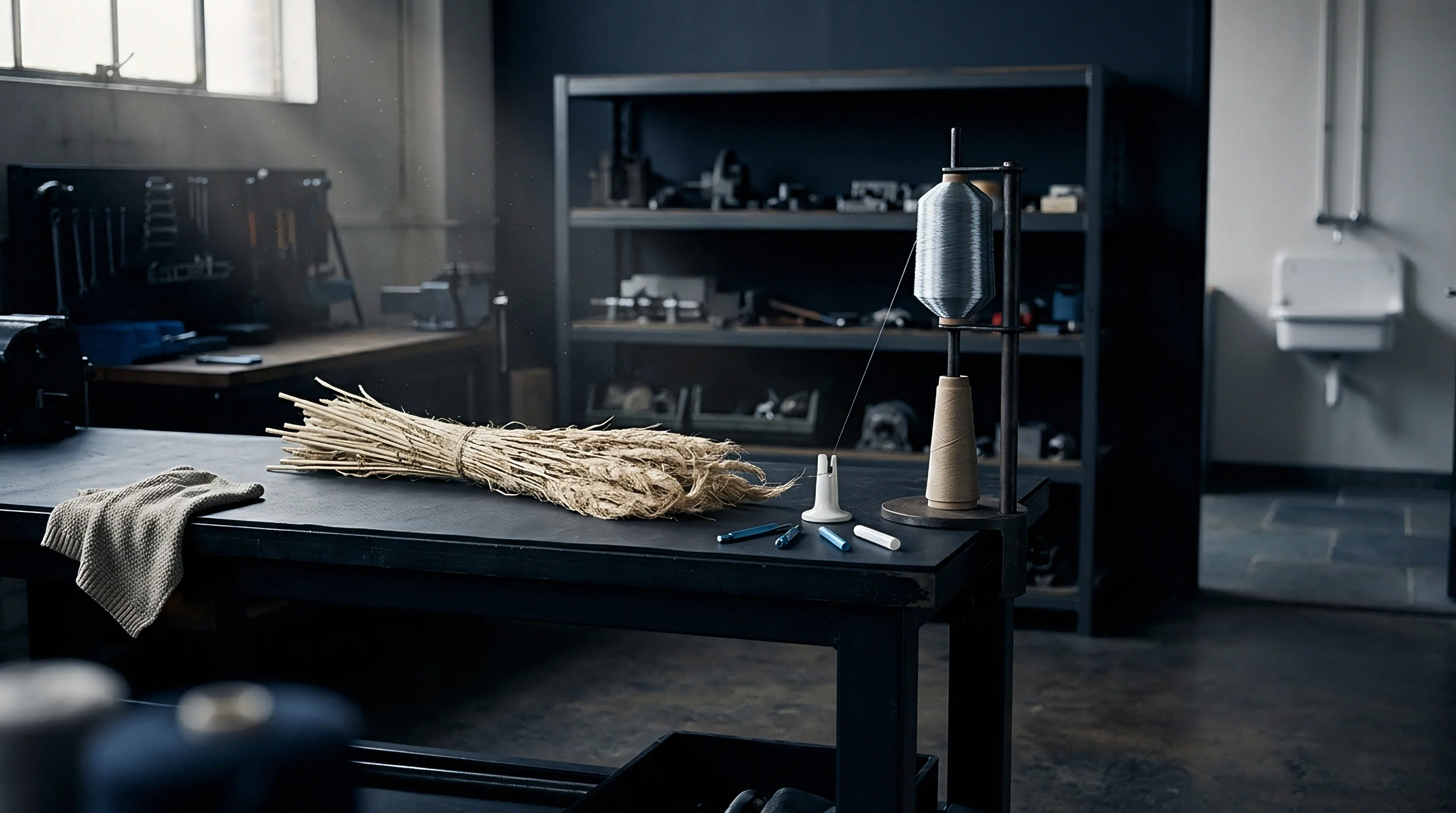 Bundles of raw natural bast fibers rest on a dark workshop workbench beside industrial yarn winding equipment.