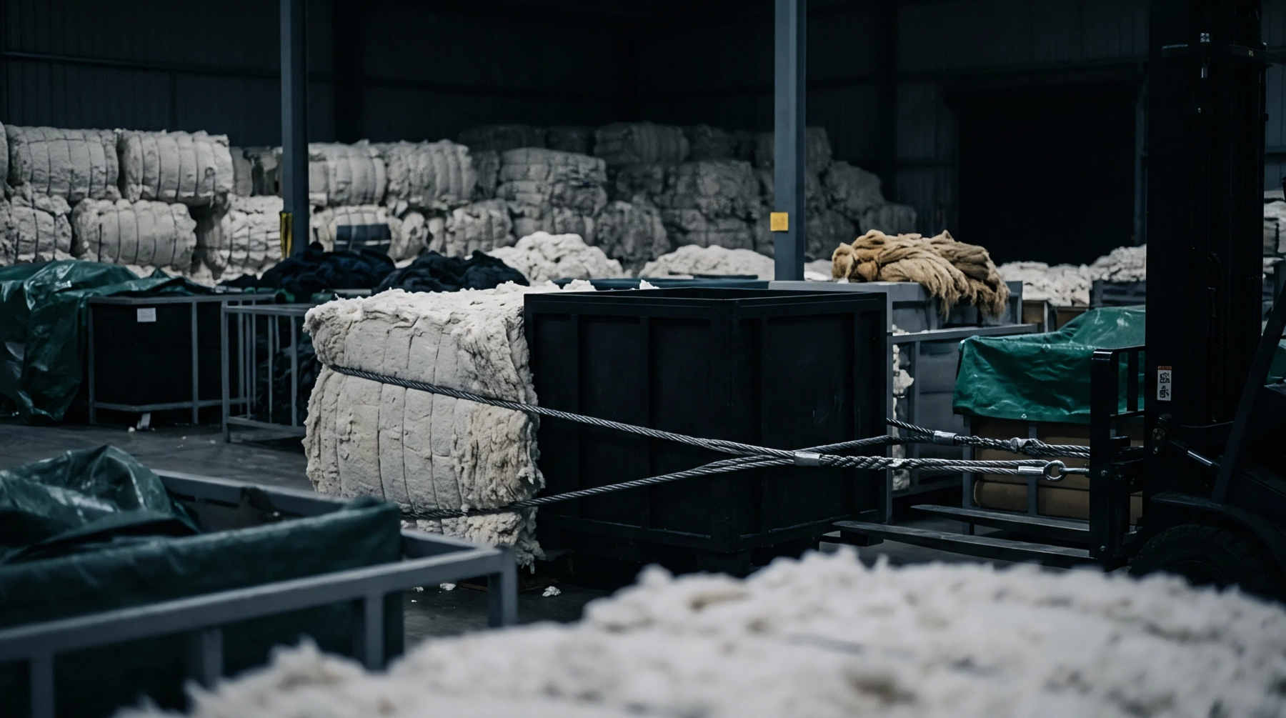 Compressed raw fiber bales fill an industrial warehouse while a loaded transport container sits ready for processing.