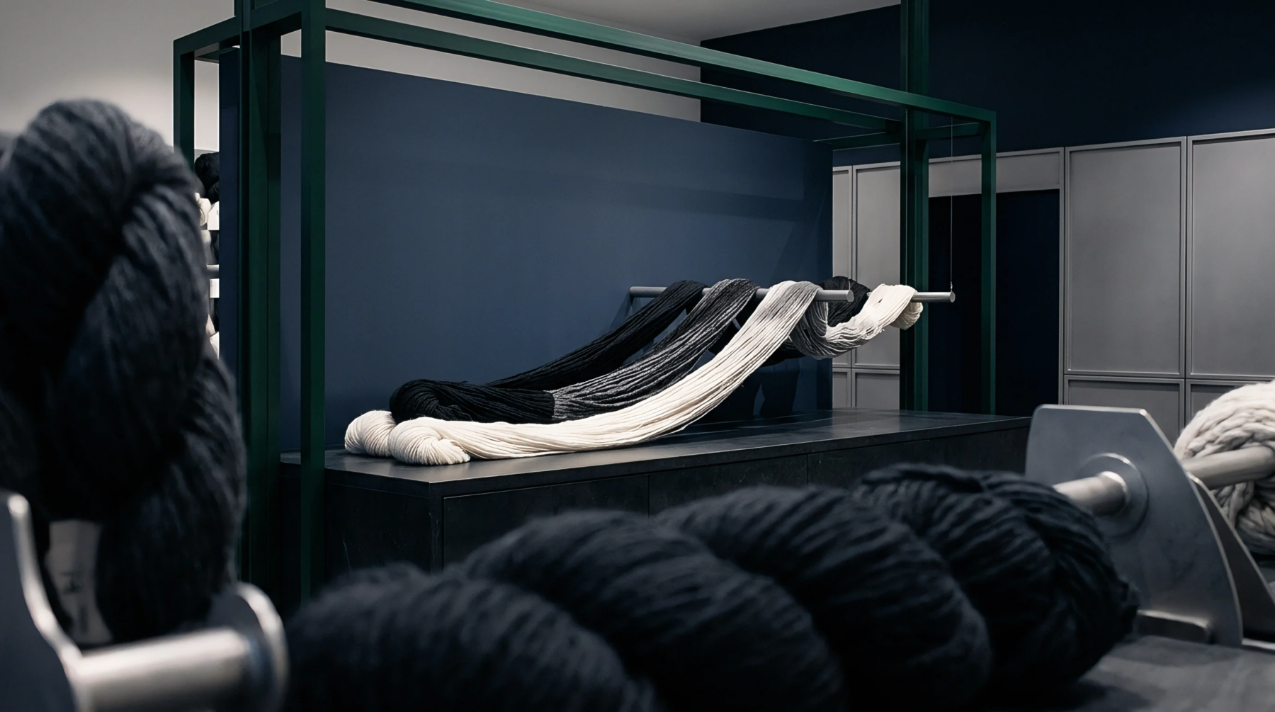 Heavy carded wool rovings and continuous filament slivers drape across steel bars inside an industrial mill showroom.