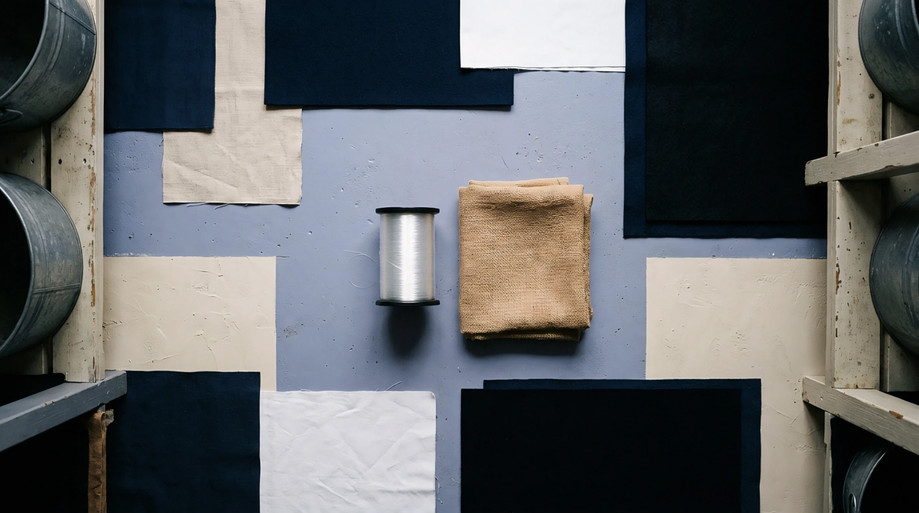 Indigo dyed fabric swatches lie arranged alongside natural fibre textiles and a spool of monofilament thread upon a neutral work surface.