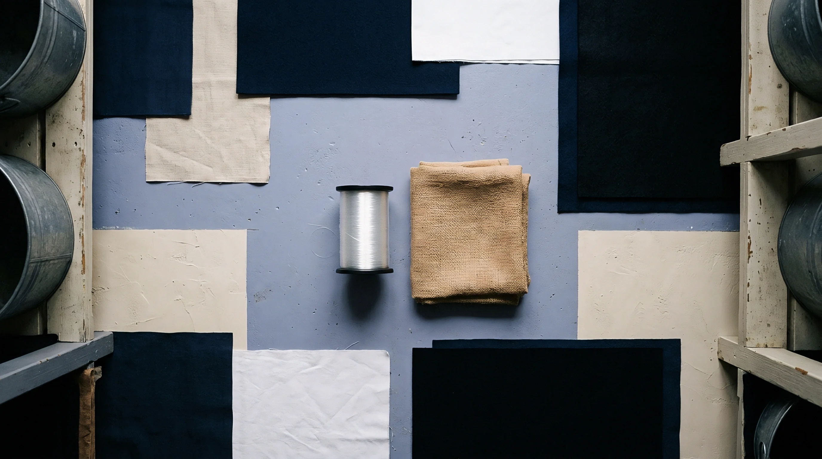 Indigo dyed fabric swatches lie arranged alongside natural fibre textiles and a spool of monofilament thread upon a neutral work surface.