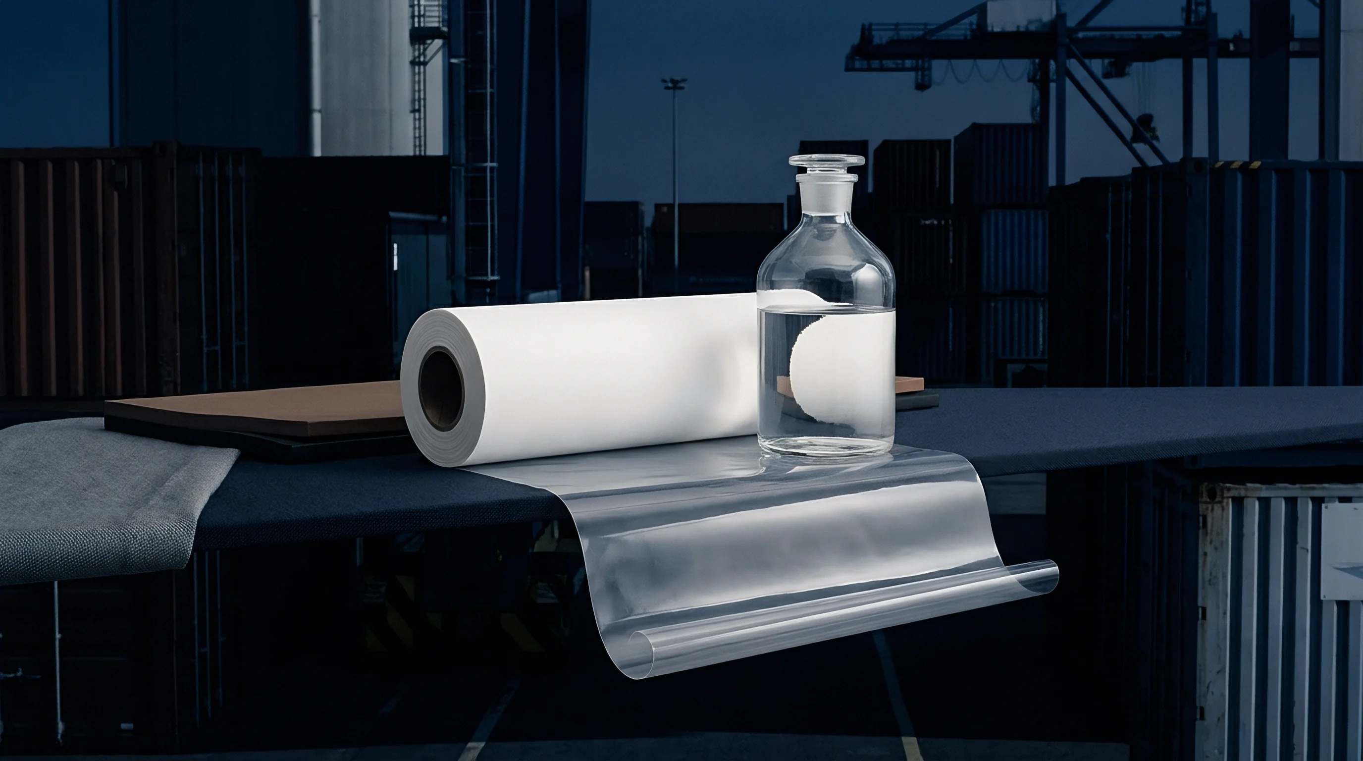 A roll of white material a transparent plastic film and a bottle of clear liquid are arranged on a dark surface with an industrial background.