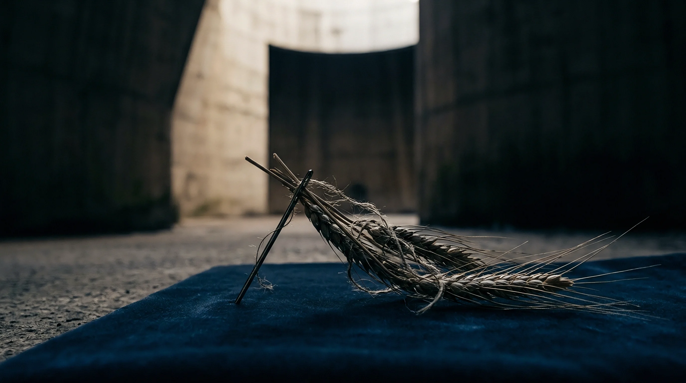 Two dried grain stalks rest on a dark blue textile, propped up by a silver metal sewing needle within a concrete structure.