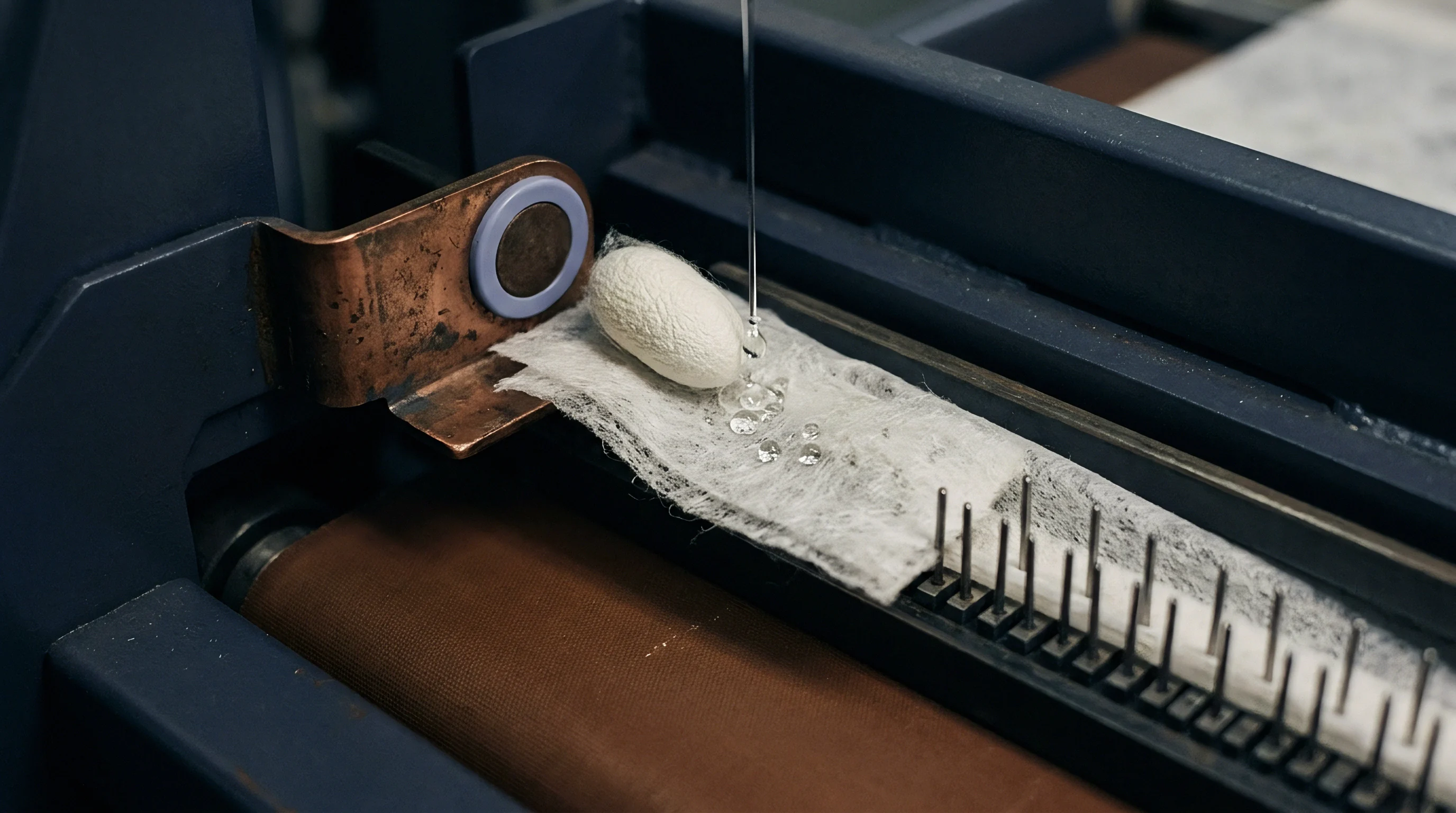 A white silk cocoon rests on fibrous padding within a machine where a clear liquid drop falls from a fine needle.