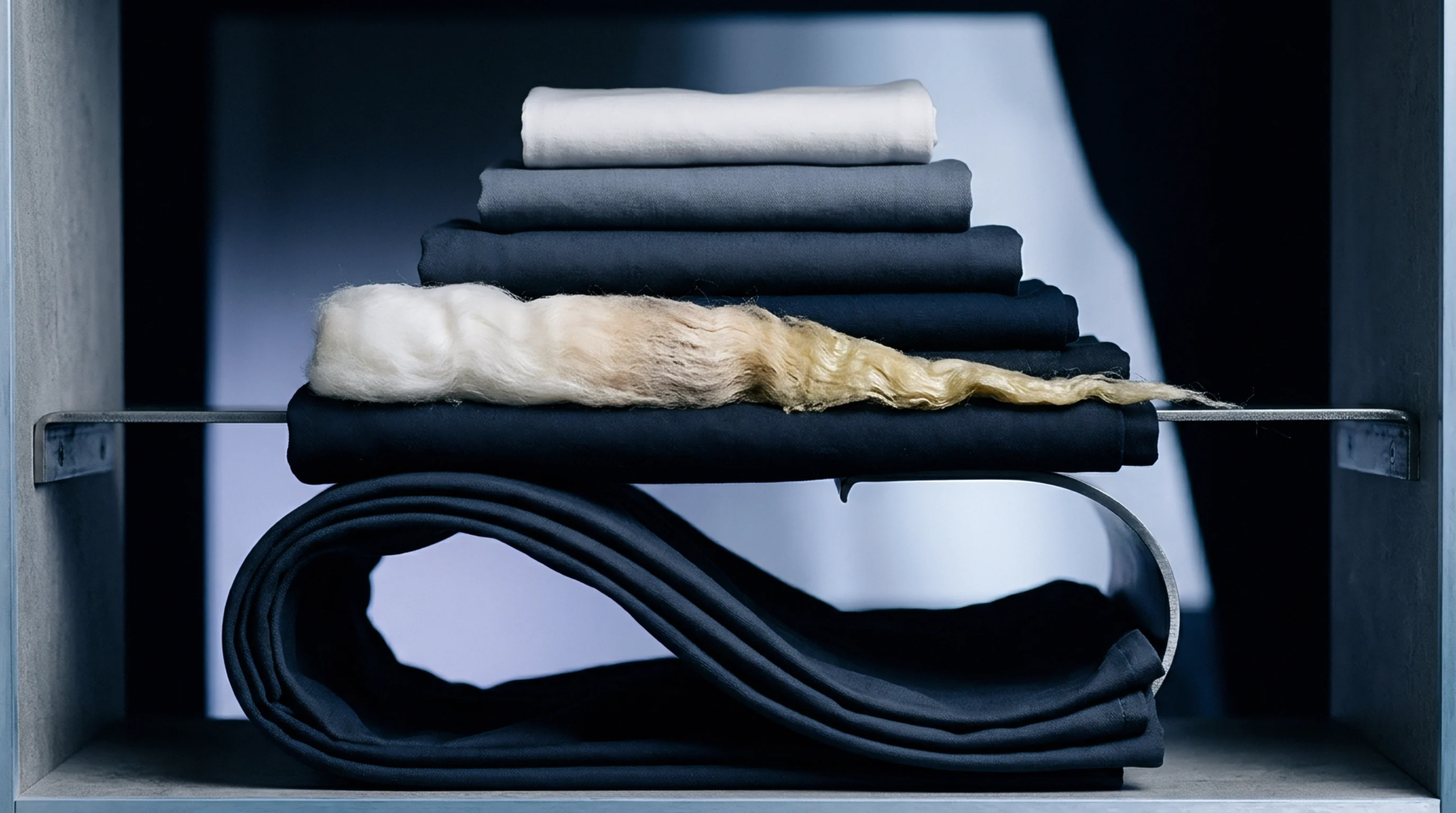 A raw staple fibre lock rests horizontally across folded dark blue and grey textile pieces inside a minimalist shelving unit.