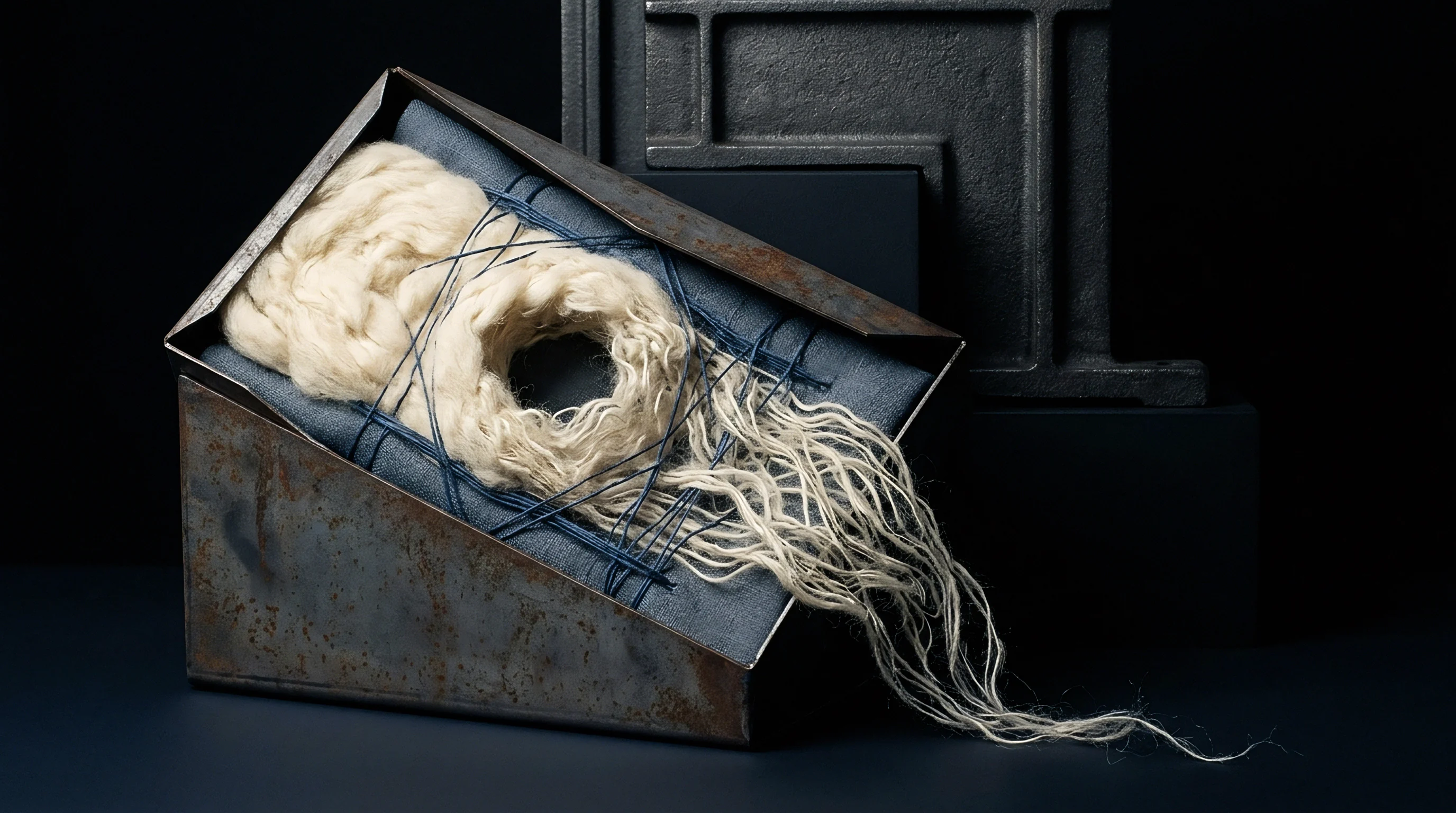 Cream wool roving rests on dark denim fabric inside a rusted steel tray displayed against a dark industrial background.