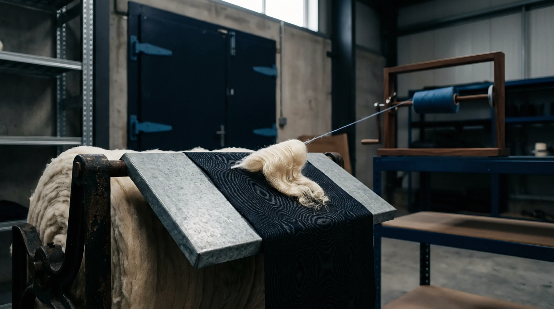 Raw wool roving feeds onto a dark textile carrier while a blue yarn bobbin winds within a mechanical spinning environment in a factory setting.