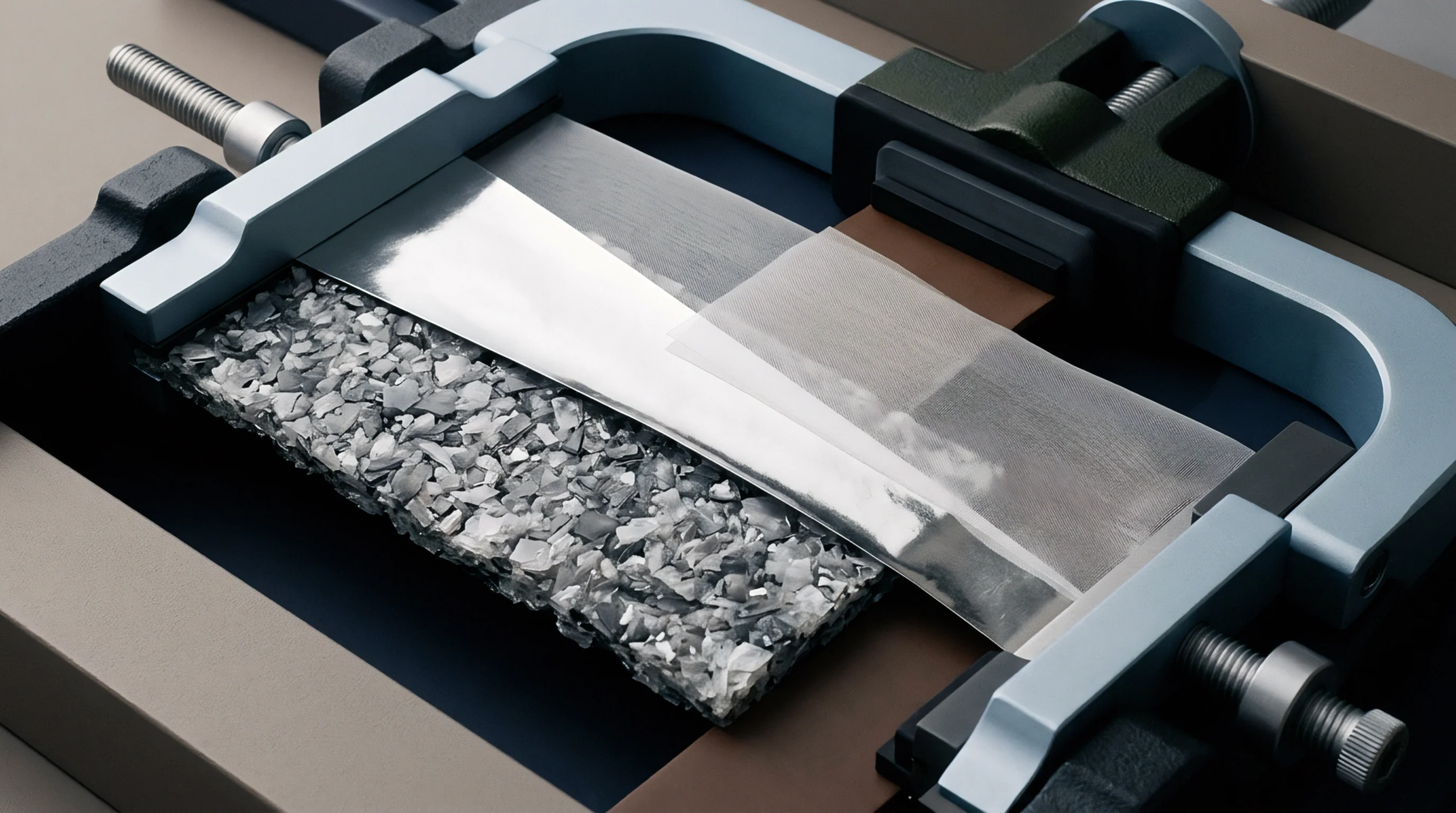 A technical apparatus holds a metallic strip and sheer material over a composite substrate of irregular grey polymer flakes inside a clamp.