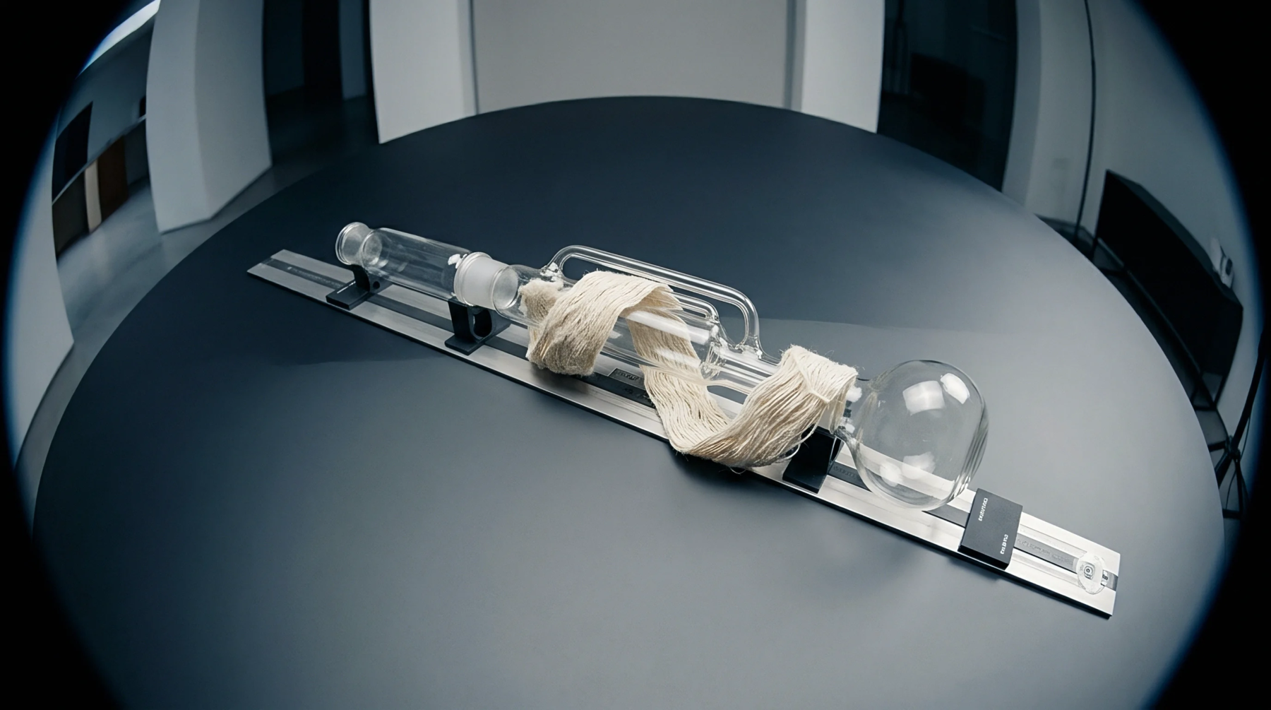 Glass laboratory condenser glassware holds raw cotton fibers on a calibrated metal rail for analysis of chemical treatment or solvent extraction efficiency.