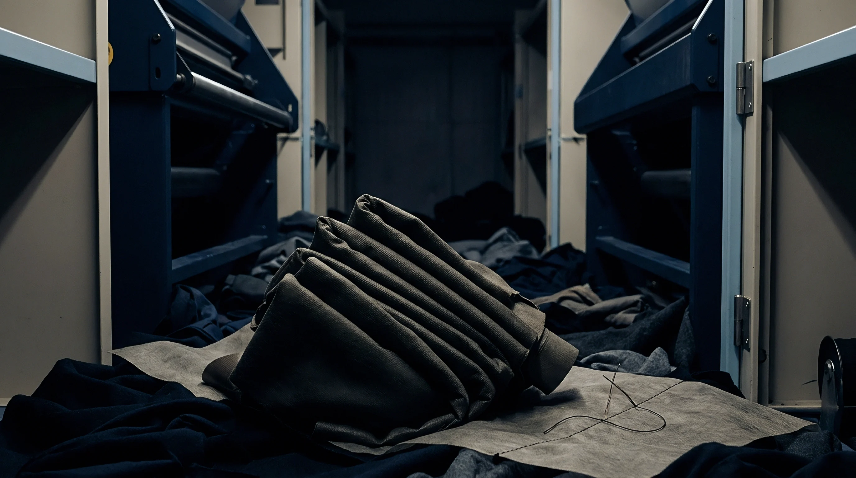 Dark folded fabric panels and scattered textile scraps rest on a cutting surface in a manufacturing facility.