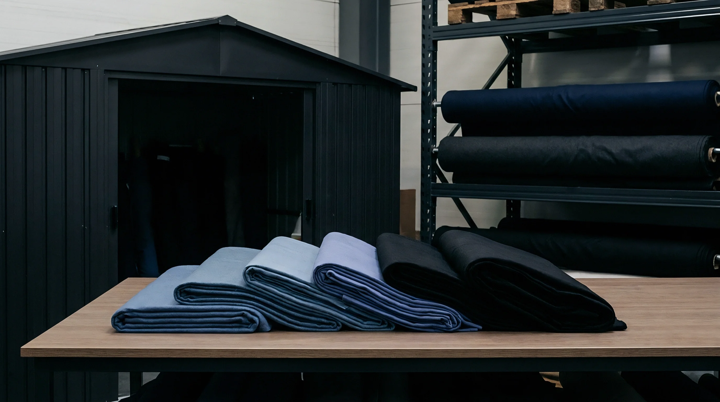 Folded fabric swatches in graduated blue and black shades rest on a wooden workstation table inside an industrial textile warehouse facility.