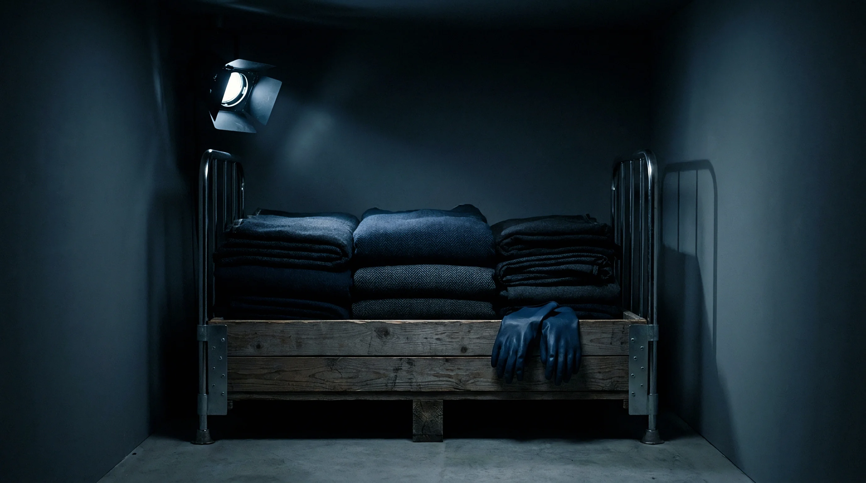 Heavyweight folded fabrics in charcoal and indigo shades occupy a pallet bed frame between metal rails within a dark interior space.