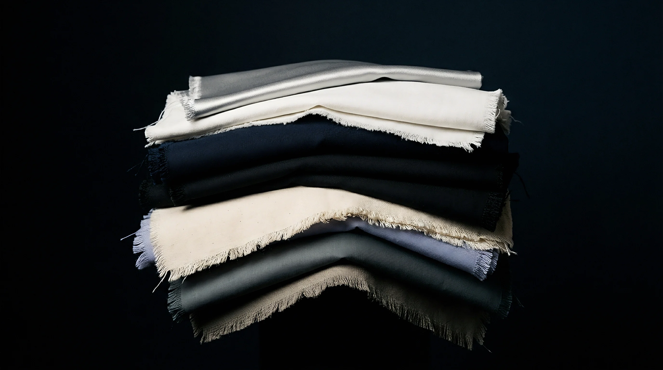Multiple raw edge textile swatches stacked vertically demonstrate variety in weave structure and fiber composition against a dark neutral studio background.
