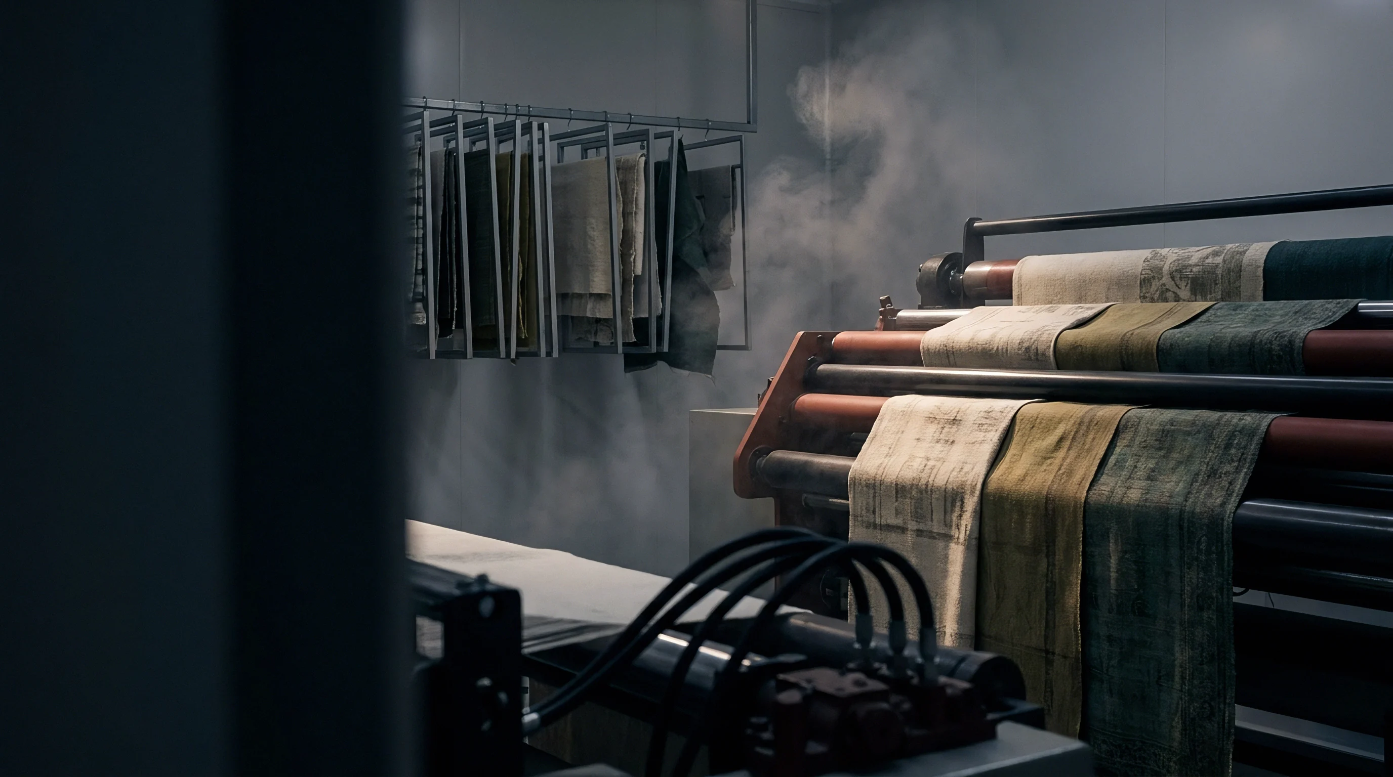 Industrial machinery processes rolls of heavyweight fabric in a steam saturated finishing environment while textile swatches hang from overhead racks nearby.