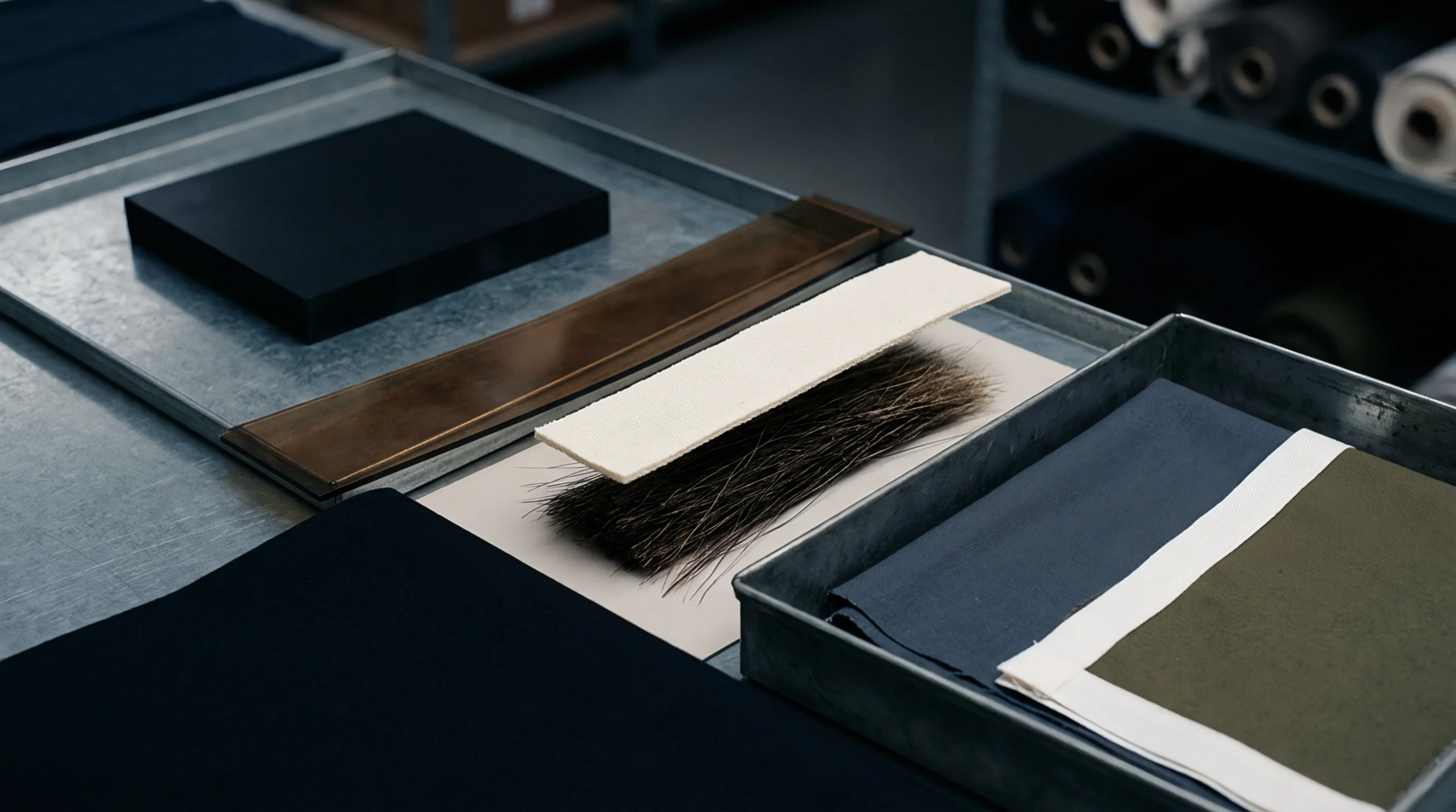 Stiff horsehair padding and woven fabric swatches lie flat on a metal work surface inside a garment manufacturing facility.