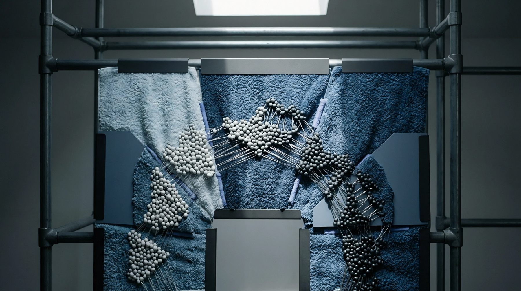 Indigo dyed textile panels hang within a tubular steel scaffolding structure joined by continuous thread networks and spherical node assemblies.