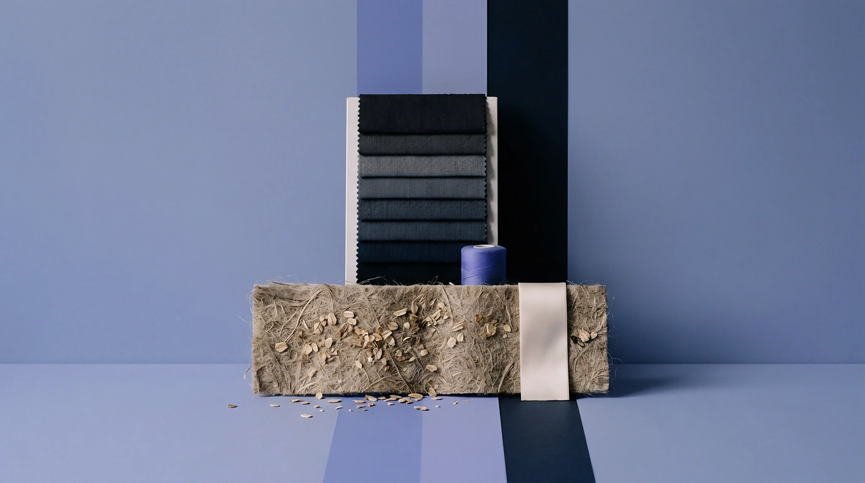 Dark textile swatches stand behind a block of natural plant fibre scattered with oat husks and a spool of purple thread.