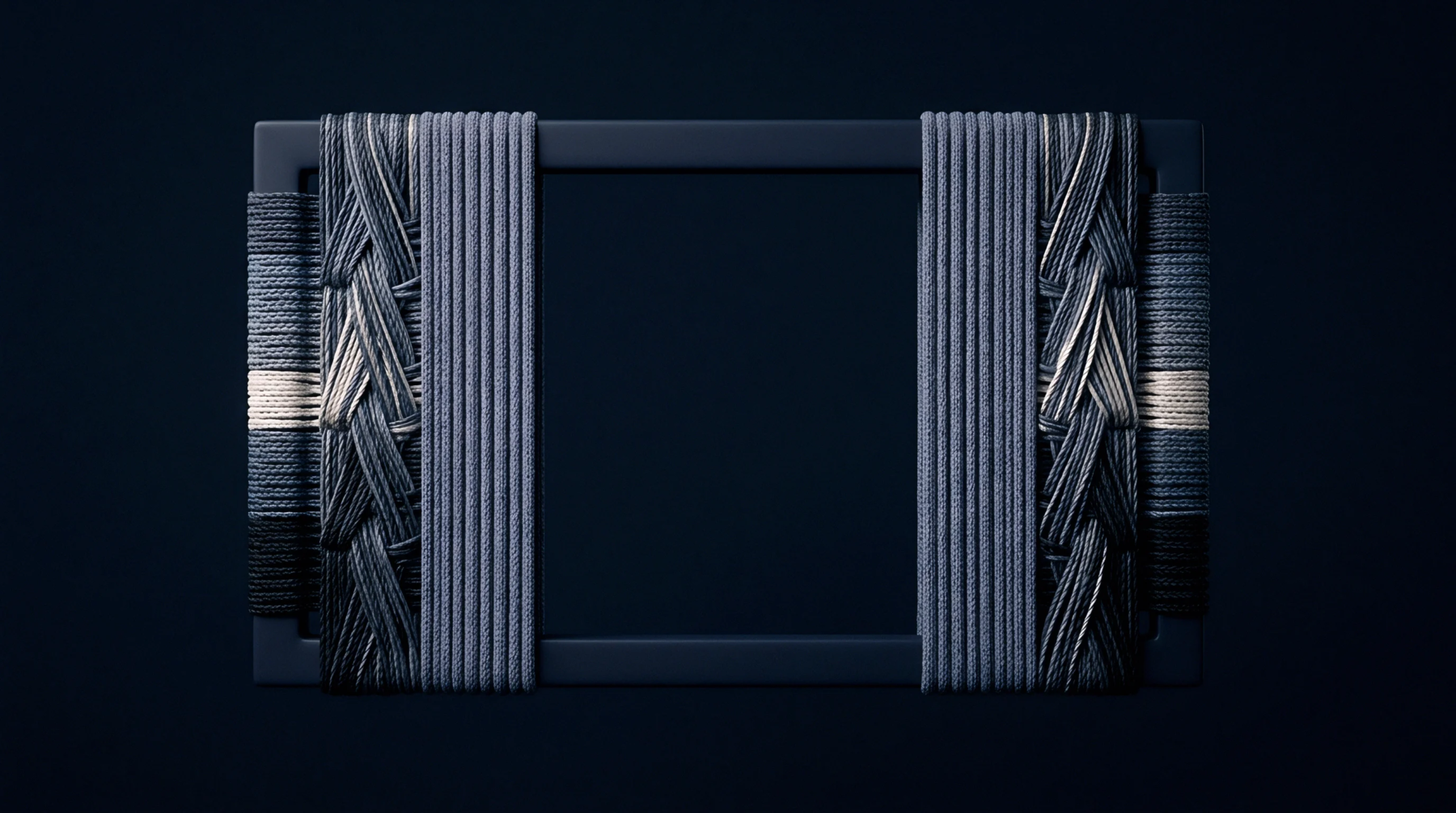 A digital illustration shows a rectangular dark blue frame wrapped symmetrically with braided and parallel grey and blue textile cords.