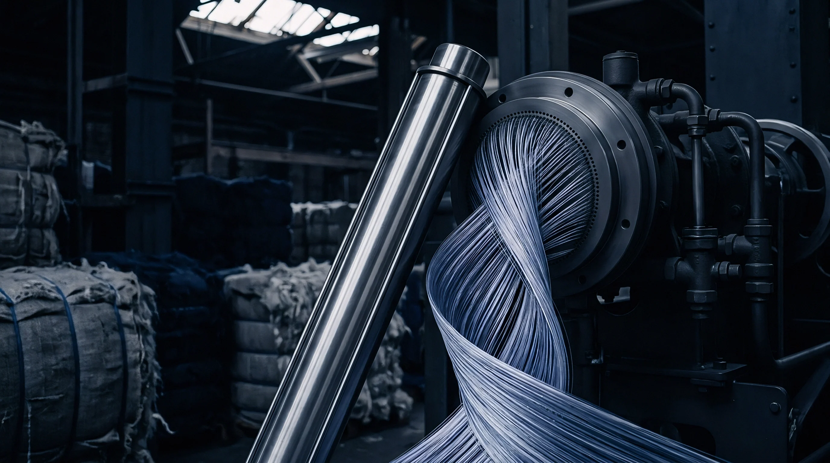 Continuous polymer filaments emerge from a multihole spinneret inside an industrial manufacturing facility equipped with robust metal equipment and raw material bales.
