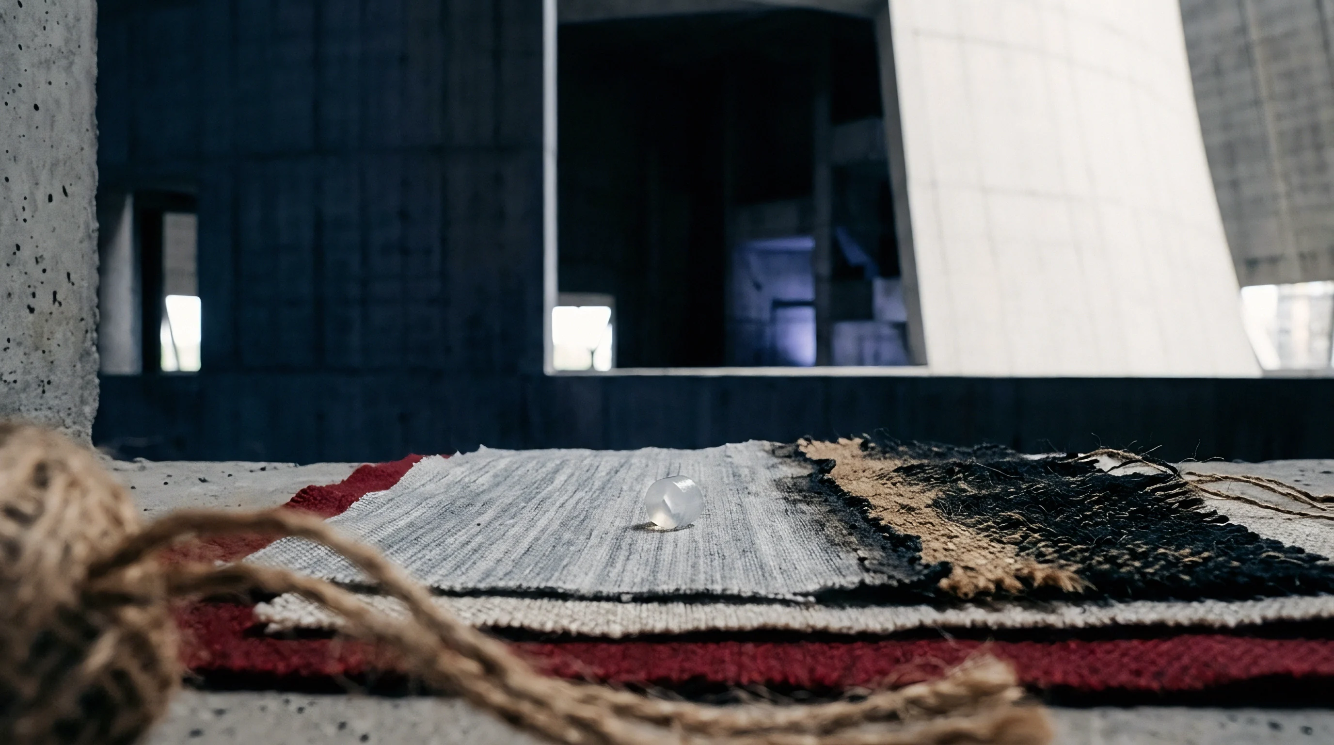 Multiple textured fabric swatches and a coiled twine bundle rest on a concrete ledger within an unfinished industrial building.