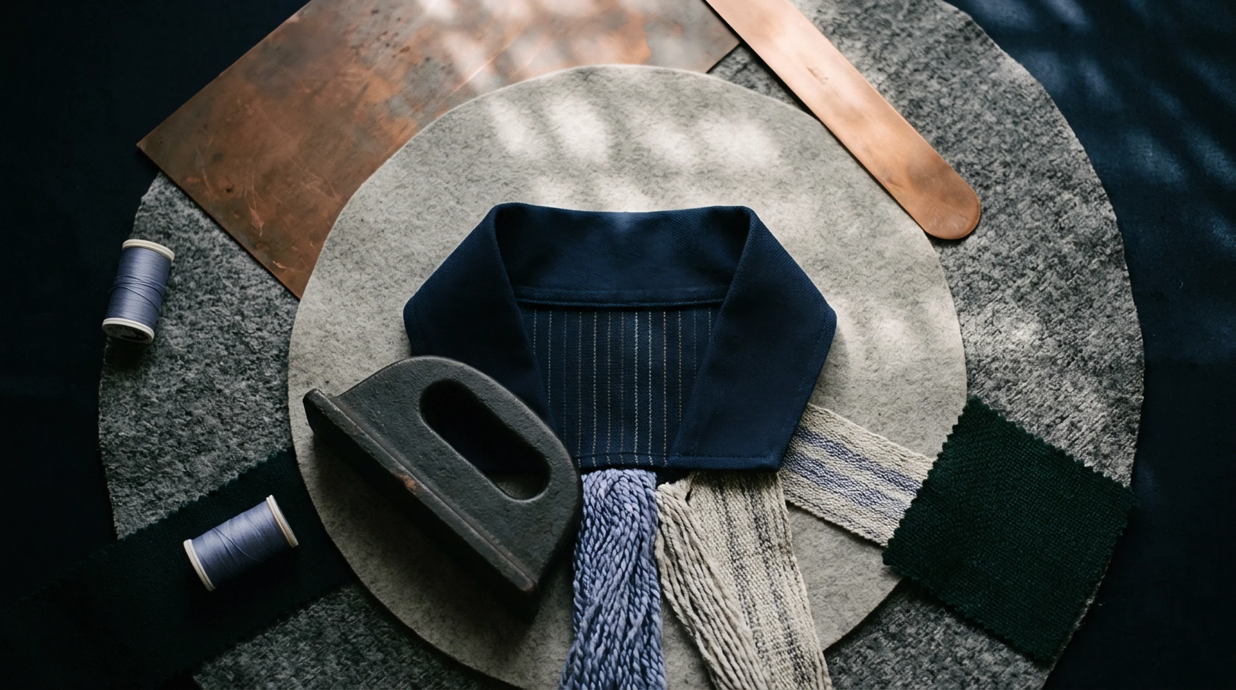 Precision tailoring components including a structured collar, cast iron weight, threads, and swatches lie assembled upon circular wool felt.