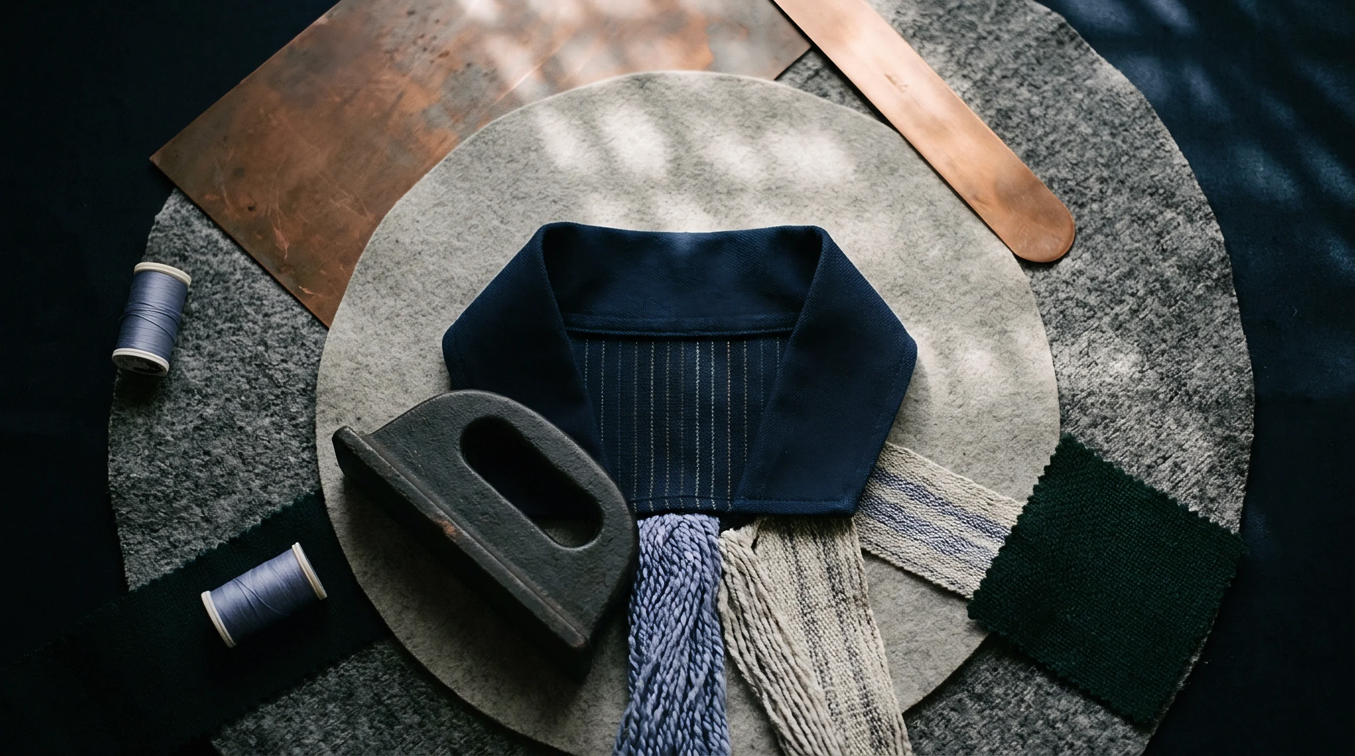 Precision tailoring components including a structured collar, cast iron weight, threads, and swatches lie assembled upon circular wool felt.