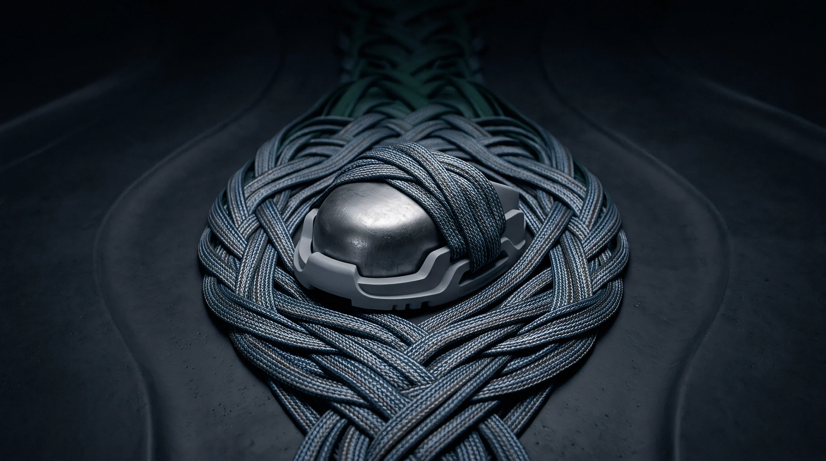 Braided synthetic cords interlace around a central metallic housing mounted on a dark textured substrate within this digital render.