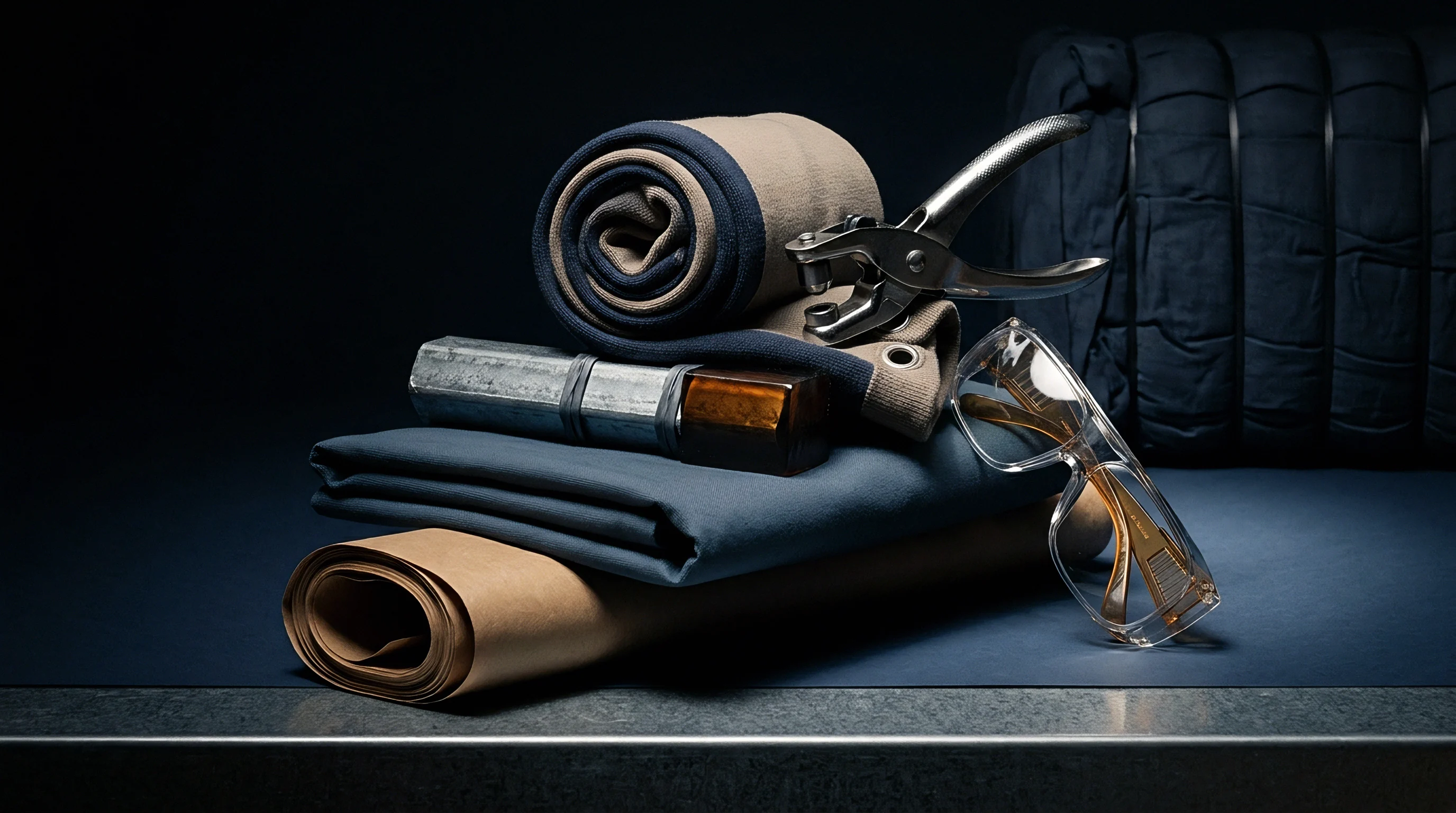 Heavy canvas rolls, grommet setting tools, safety eyewear, and folded industrial textiles rest upon a metallic work surface ready for fabrication.