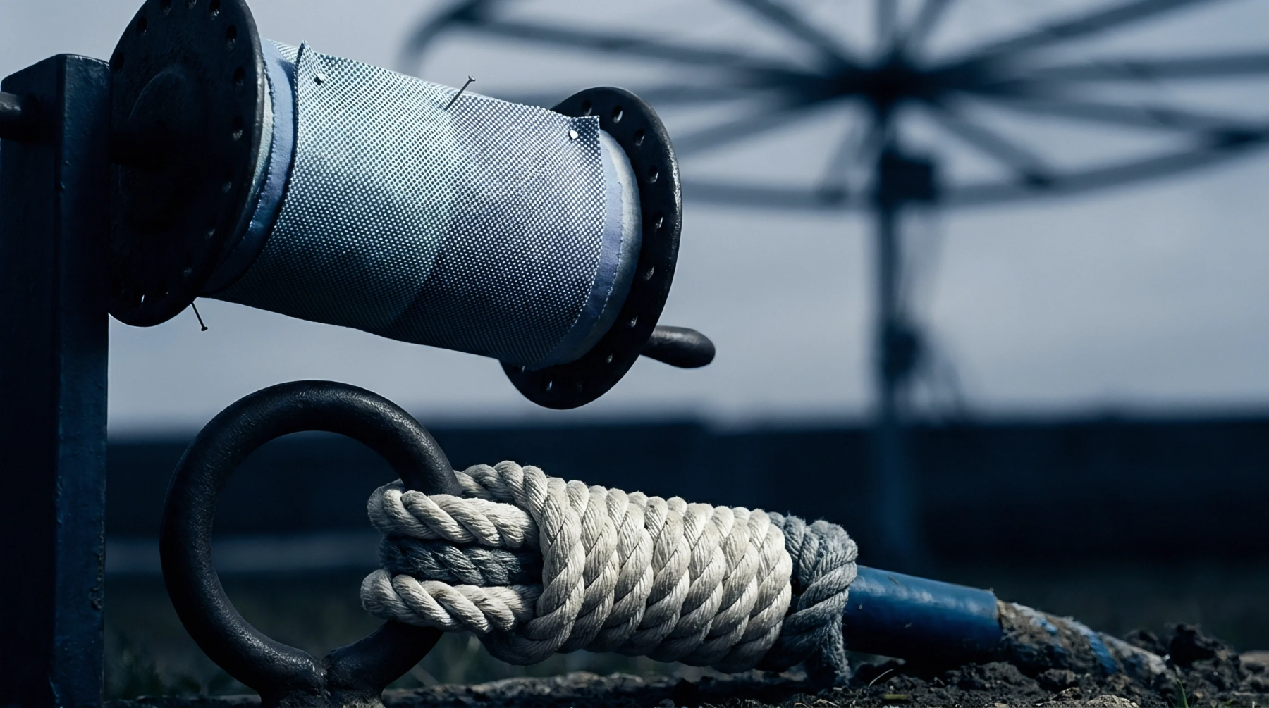 A large spool wrapped with a fine woven technical textile rests above a heavy braided fiber rope secured to a metal ring.