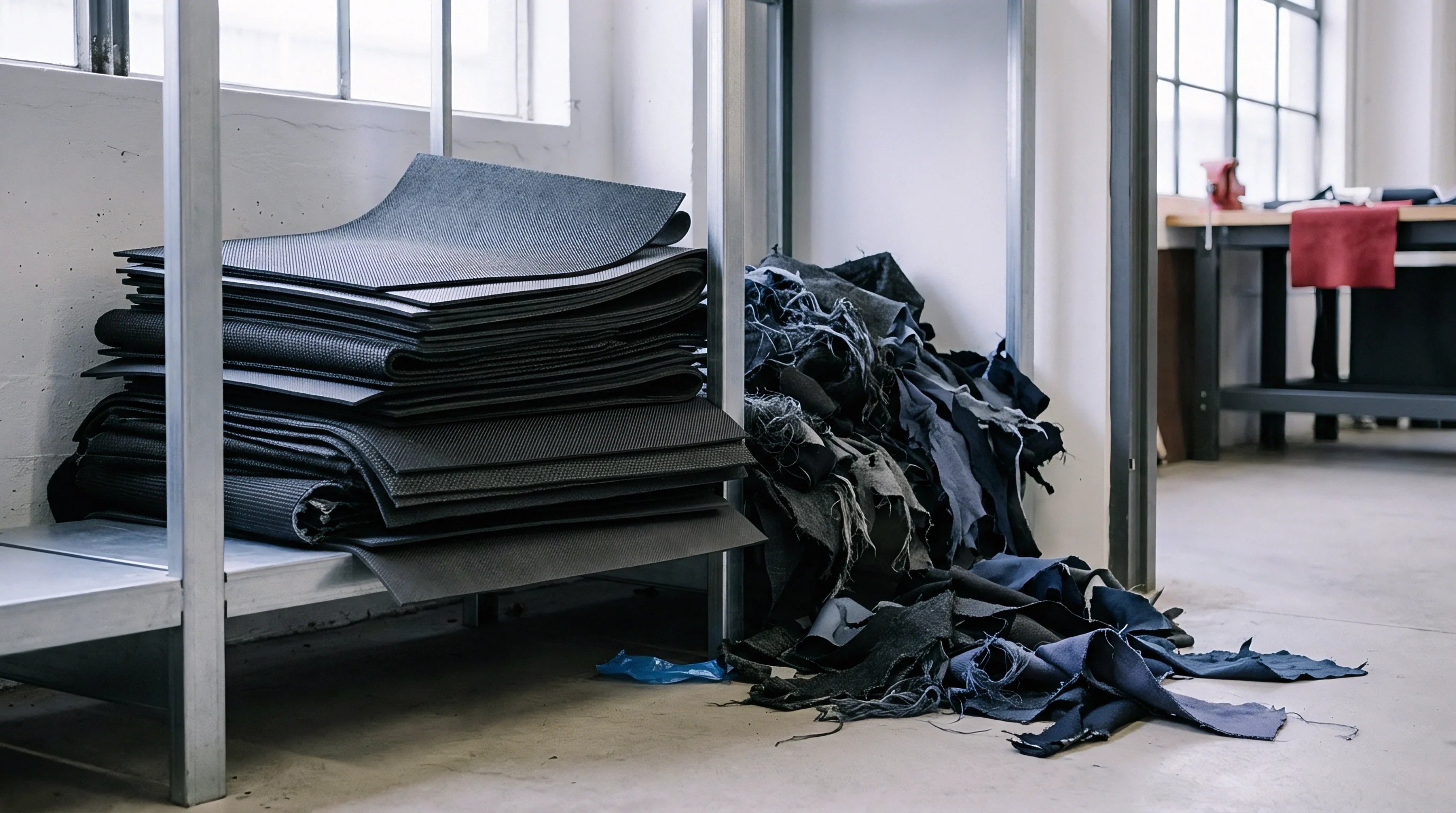 Stacked polymer sheets rest on steel shelving beside discarded dark fabric remnants scattered across a concrete floor inside a manufacturing plant.