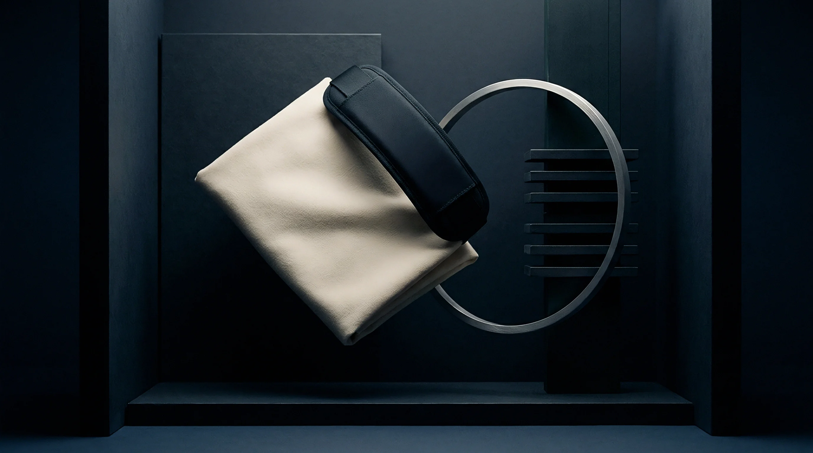 A neutral cream textile sample folds over a rigid synthetic handle within a dark geometric environment featuring metallic and layered matte elements.