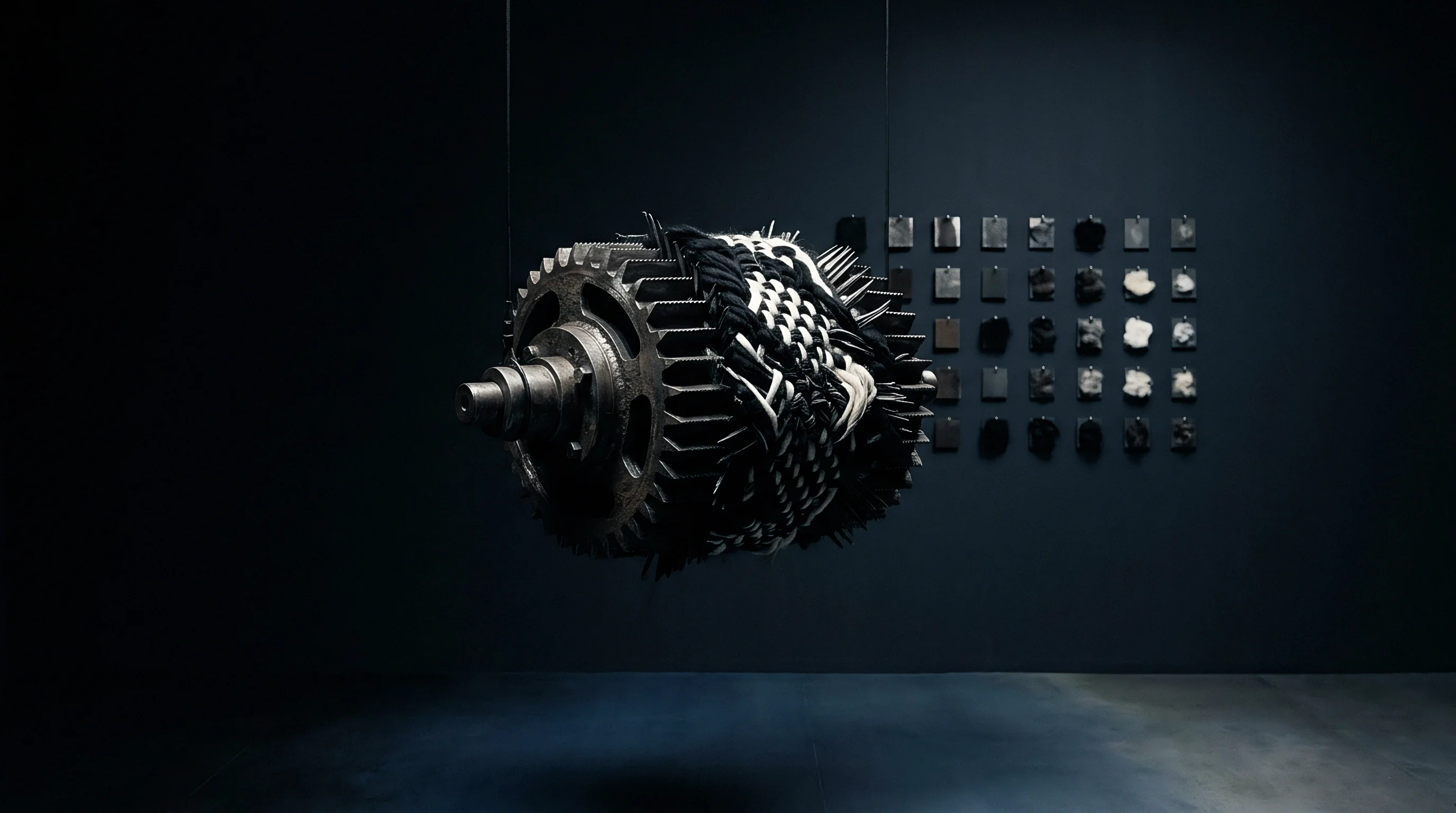 An industrial component integrates a black and white woven textile structure, presented alongside a collection of material samples on a dark wall.