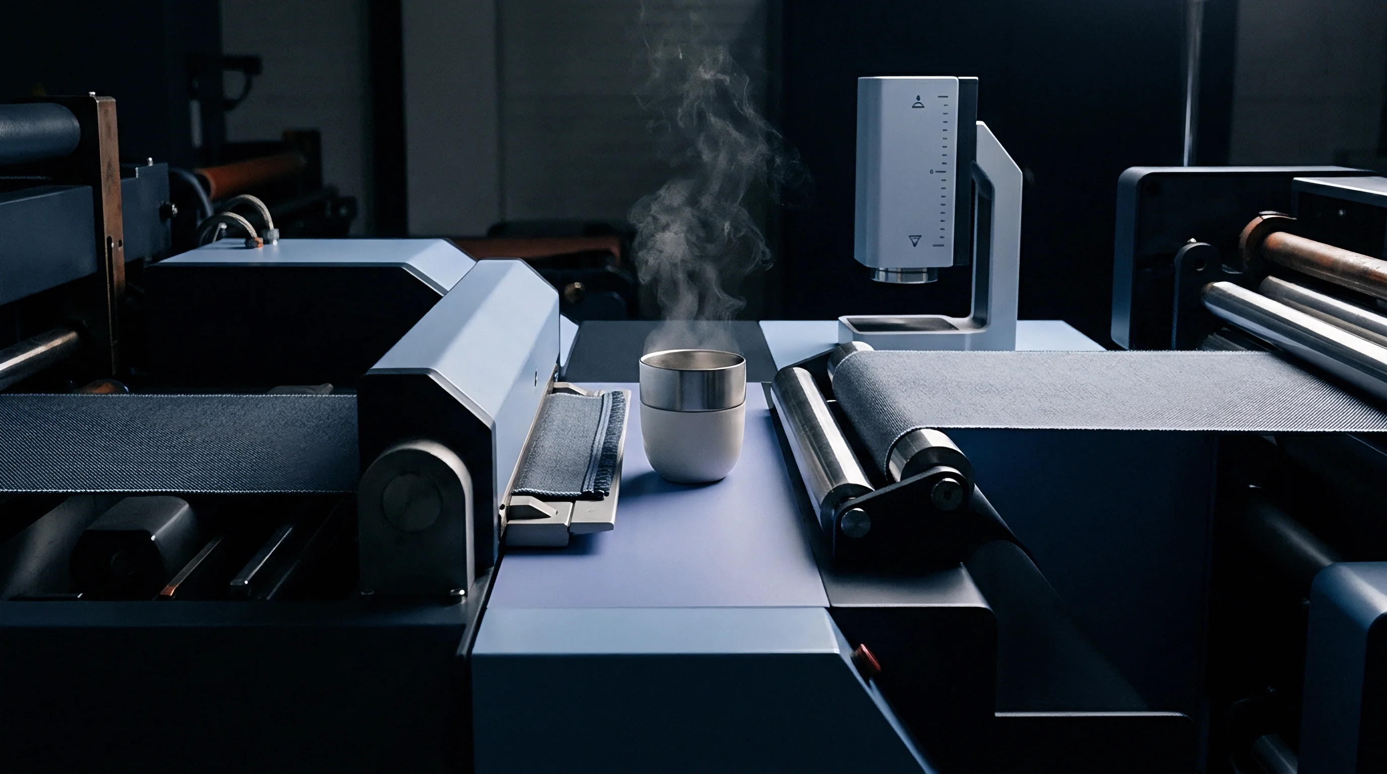 A textured technical fabric sheet moves through rollers and processing units on a modern production line, with a steaming cup centrally placed.