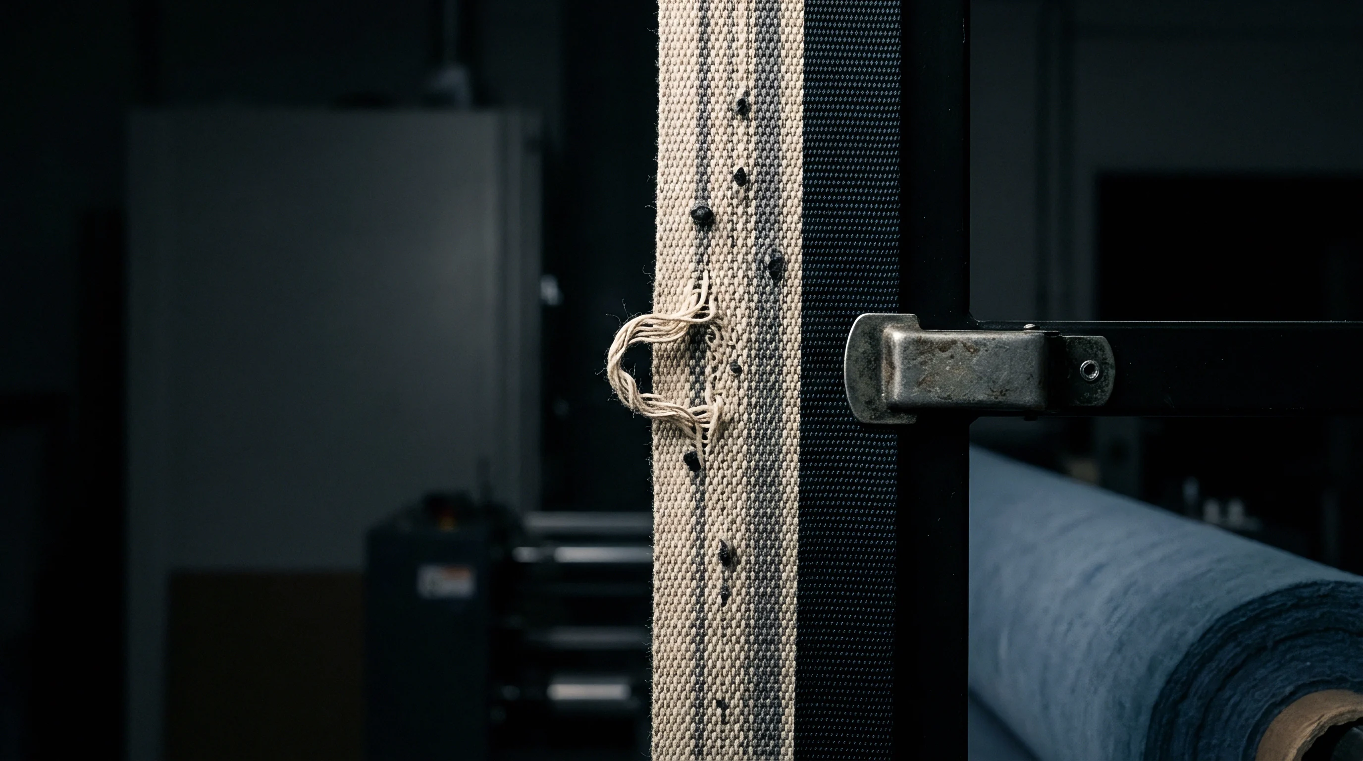 Technical textile webbing shows a woven pattern, dark integrated fasteners, and a light material loop in a production environment.