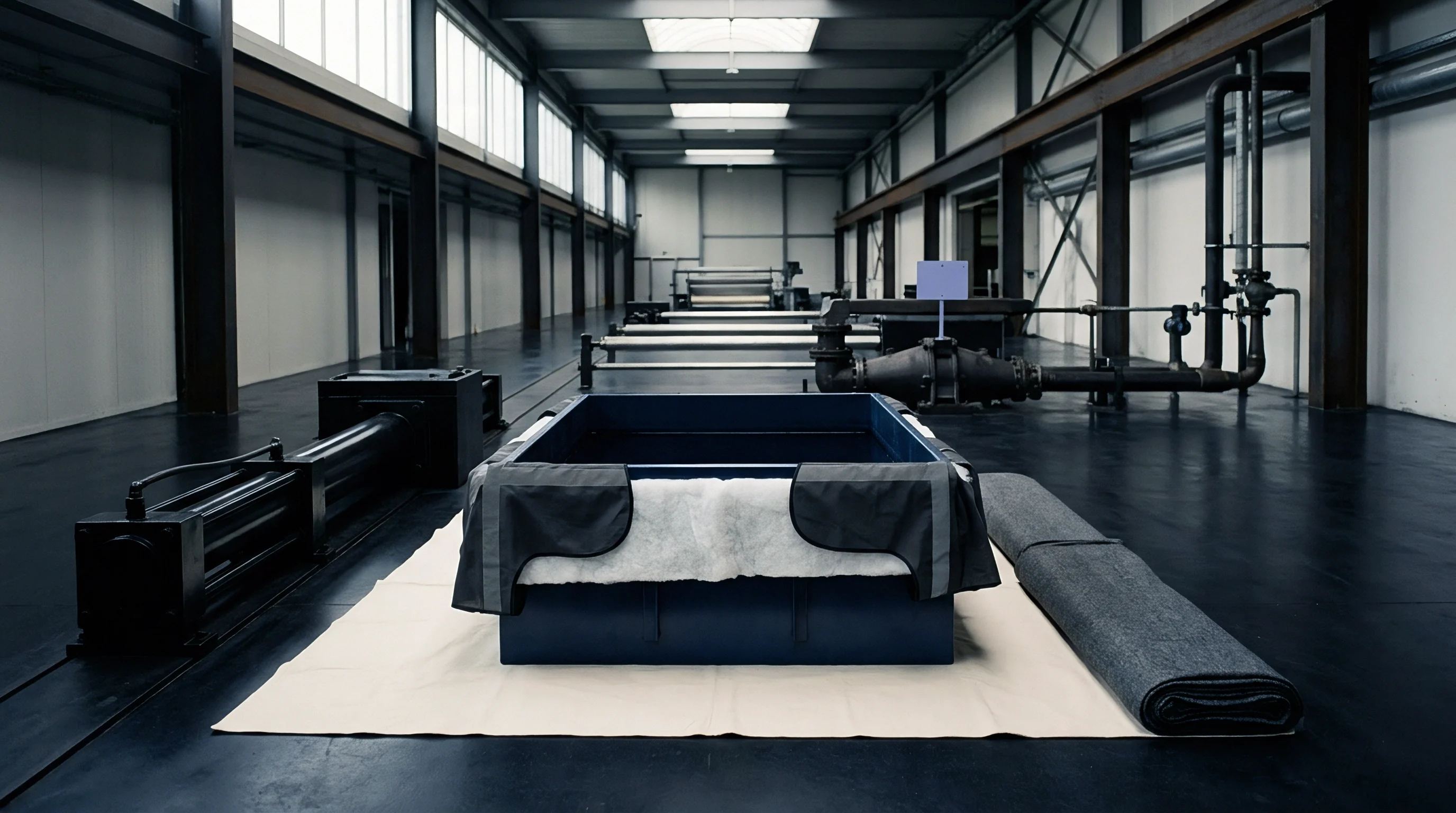 A blue industrial treatment vat sits on a protective groundsheet next to a rolled grey nonwoven fabric in a spacious factory workshop.