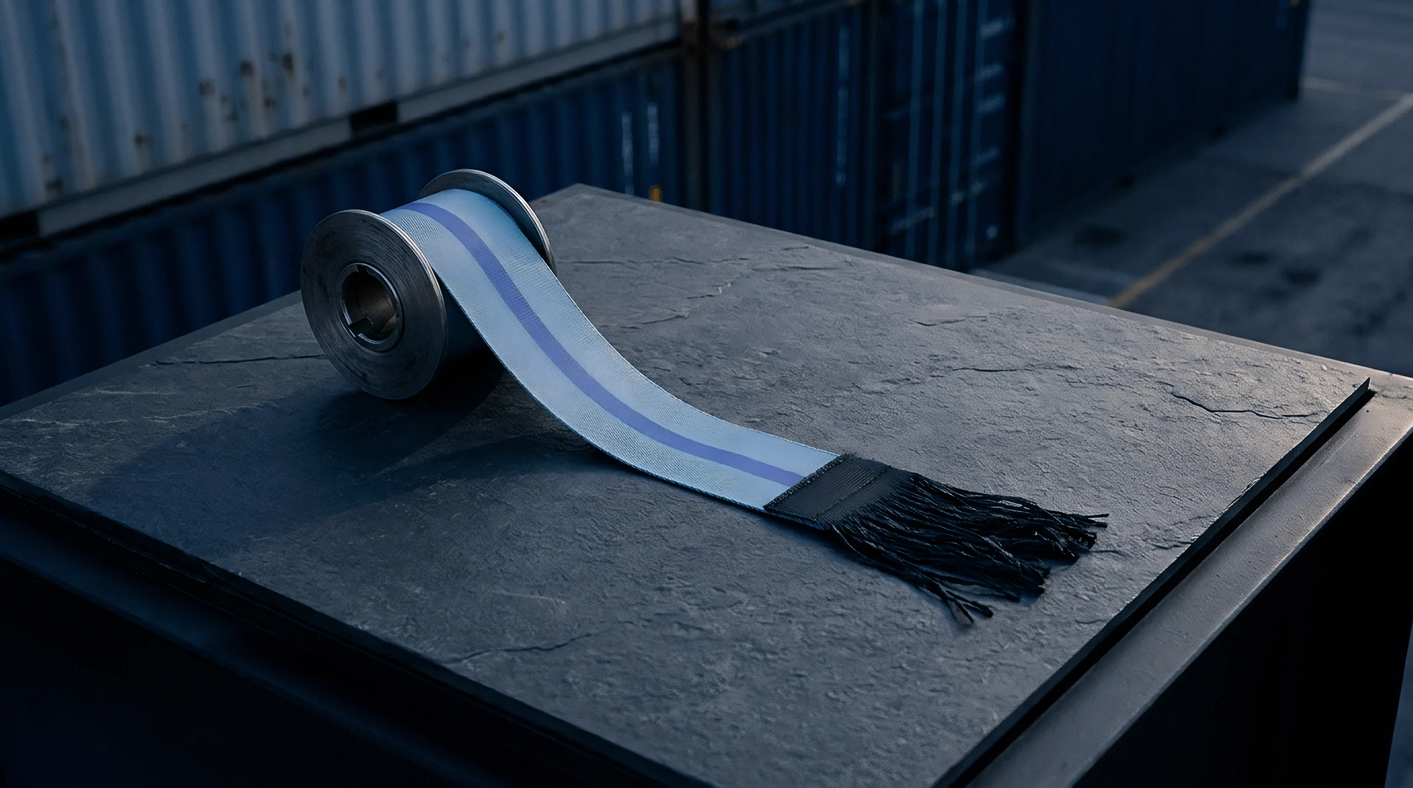 A metal spool holds a length of light blue woven narrow tape with a central stripe and black fringe on stone.
