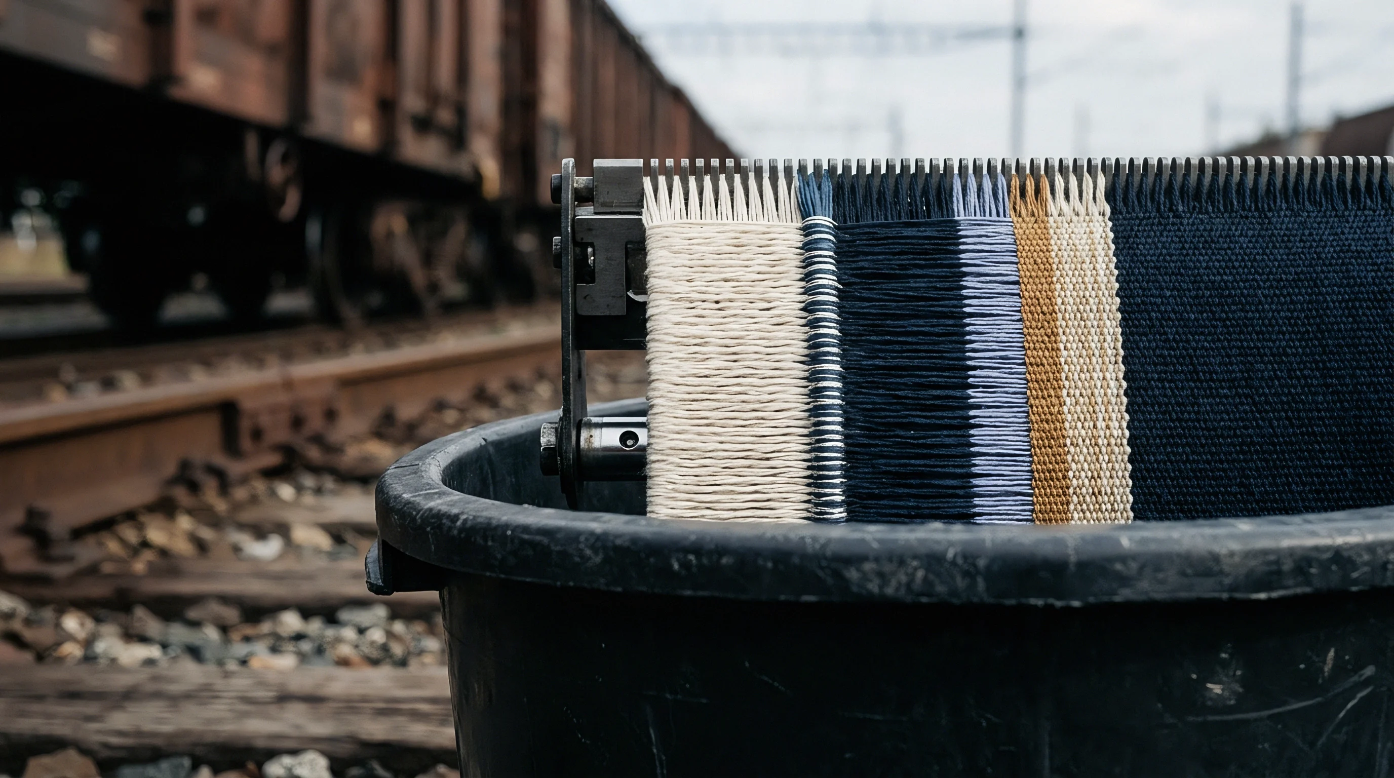 Multicolored yarn samples mounted on a metal laboratory loom sit inside a black plastic container beside industrial railway tracks.