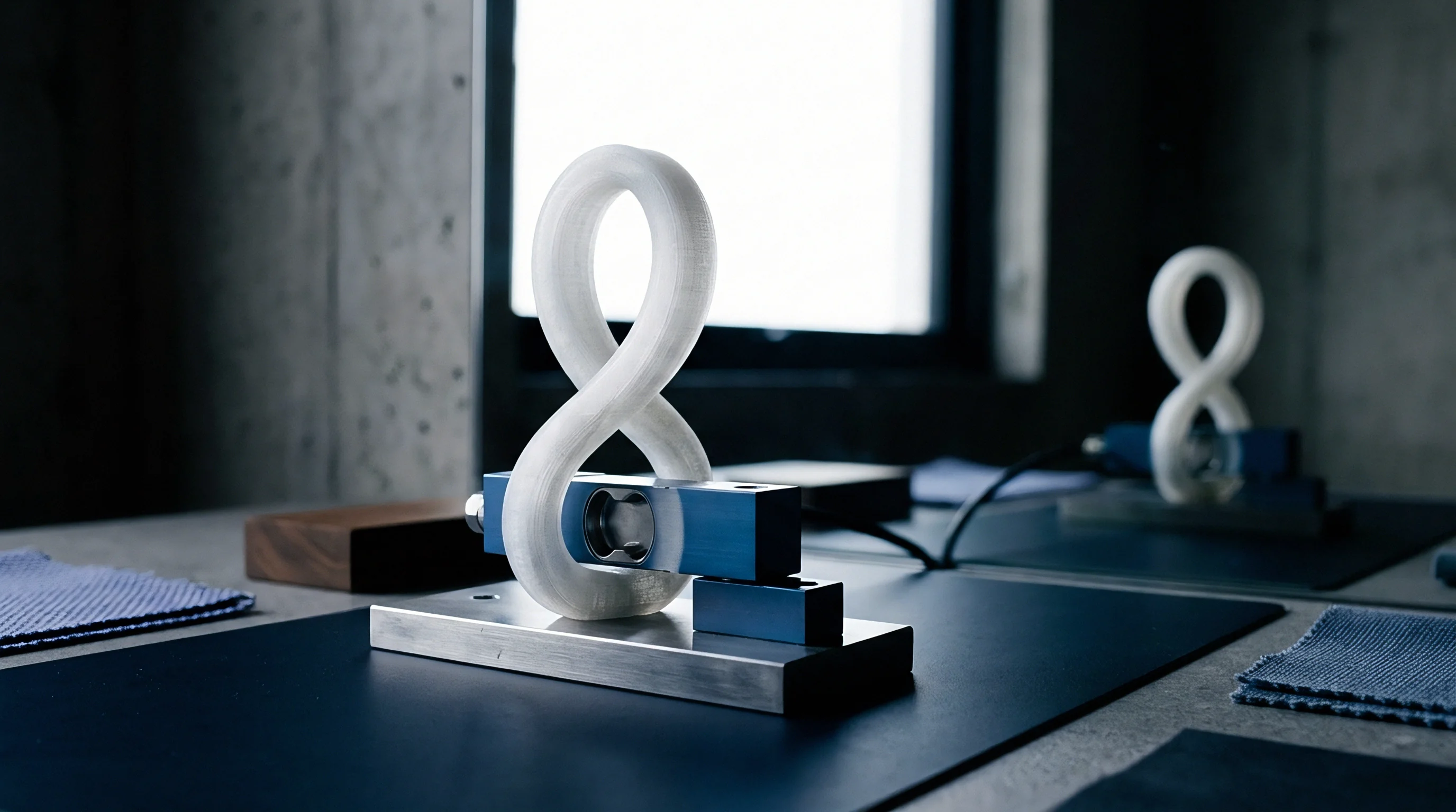 A white polymeric filament loop undergoing mechanical stress analysis within a blue load cell instrument on a laboratory workbench.