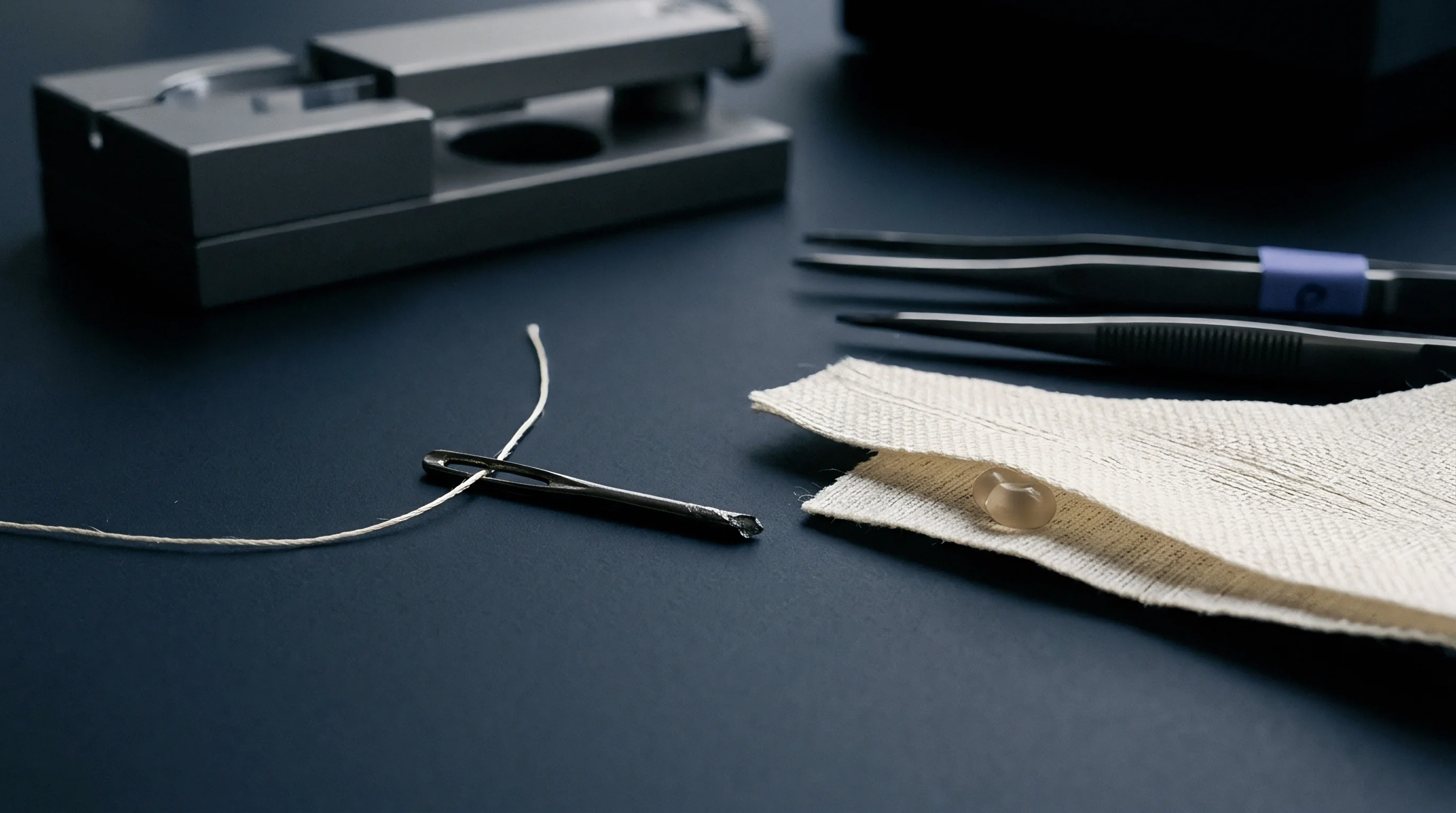 A hand needle with threaded cotton and a woven swatch containing a button rest near metal assembly tools on a dark studio surface.