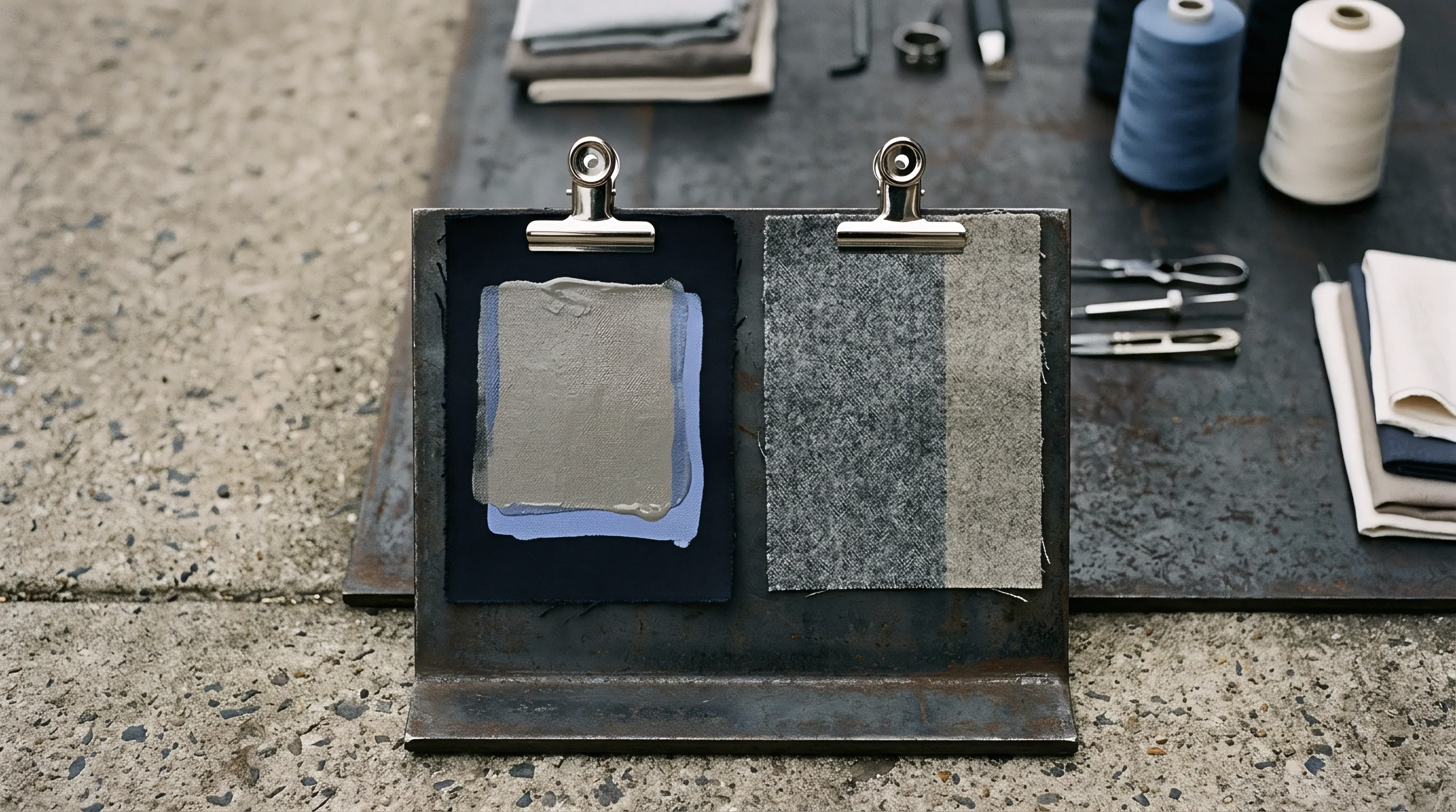 Two metal clips secure fabric swatches mounted on a steel plate inside an industrial textile development workspace.