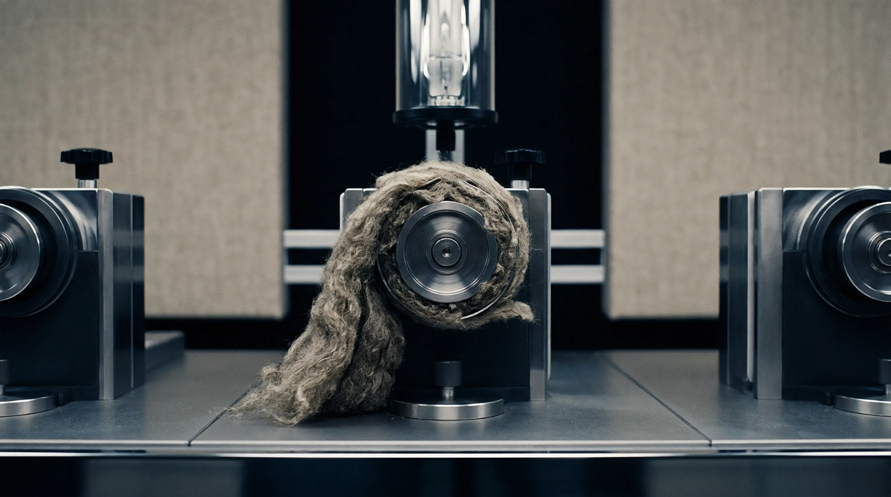 A coarse grey natural fibre specimen wraps around a central metallic roller unit within a laboratory containing identical testing modules on a steel bench.