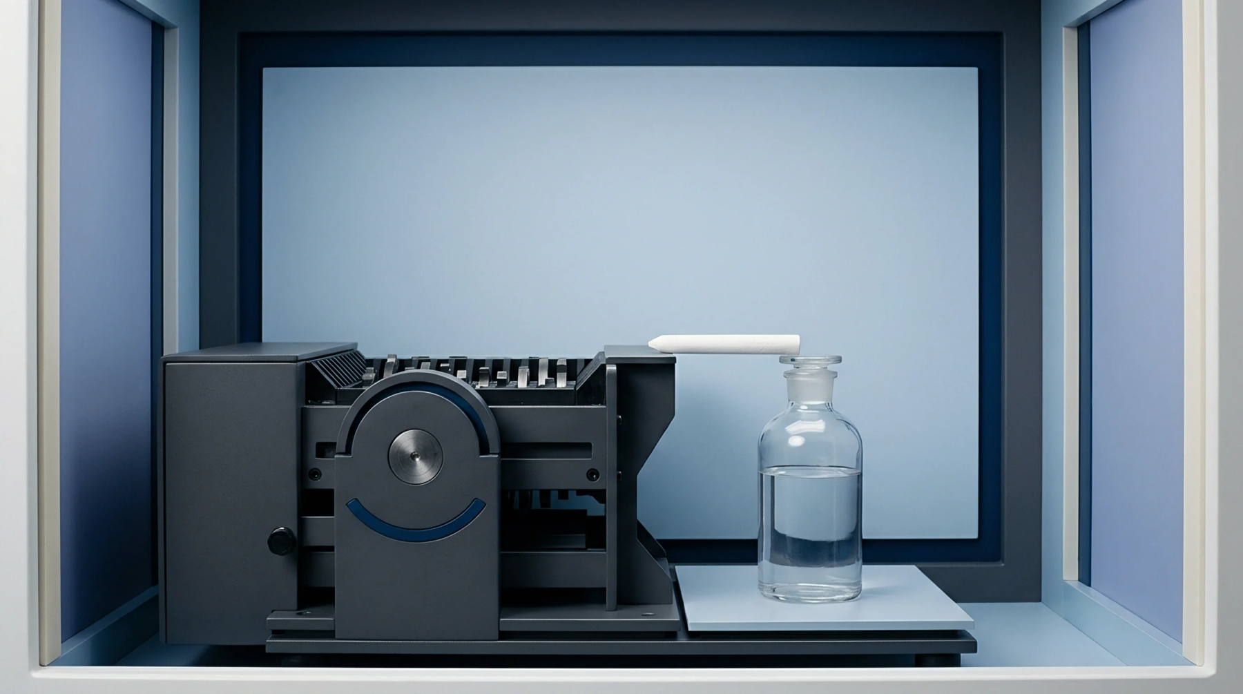 A laboratory apparatus with a mechanical fiber cutter aligns a sample stick directly above a clear glass bottle filled with a liquid solvent reagent.